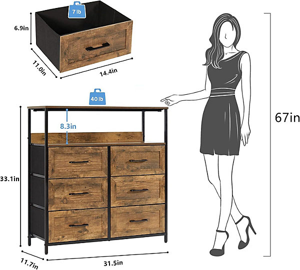 Commode 6 tiroirs en Tissu, Meuble de Rangement pour Cuisine, Bureau, Couloir, Noir et Marron