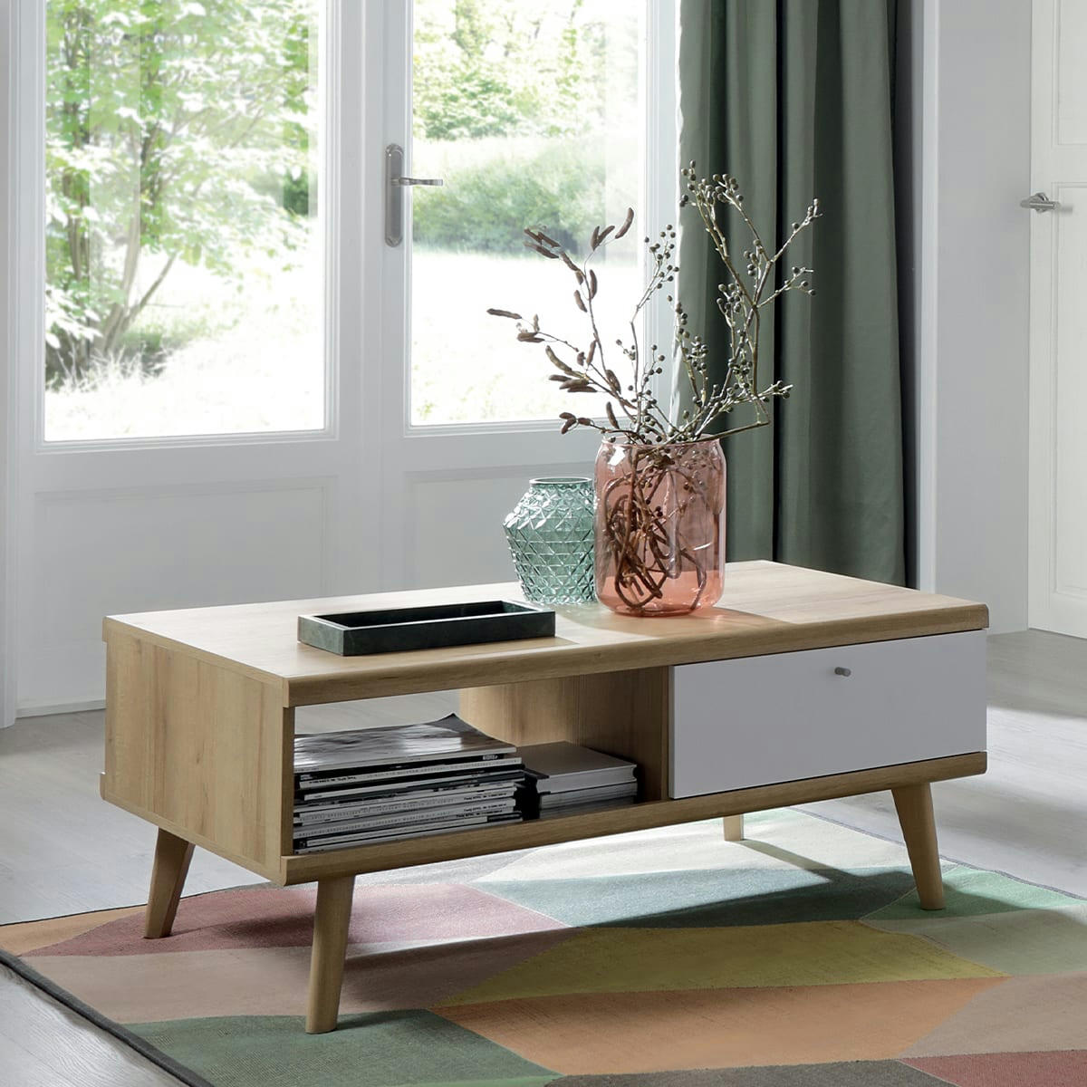 - Table basse 1 tiroir naturelle et blanche