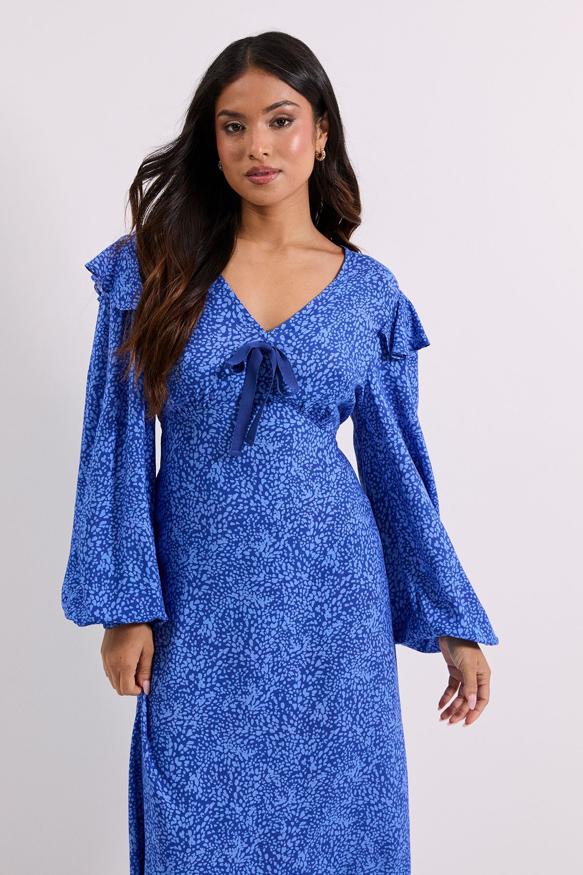 Dorothy Perkins Petite Blue Animal Contrast Bow Detail Frill Printed Midaxi Dress
