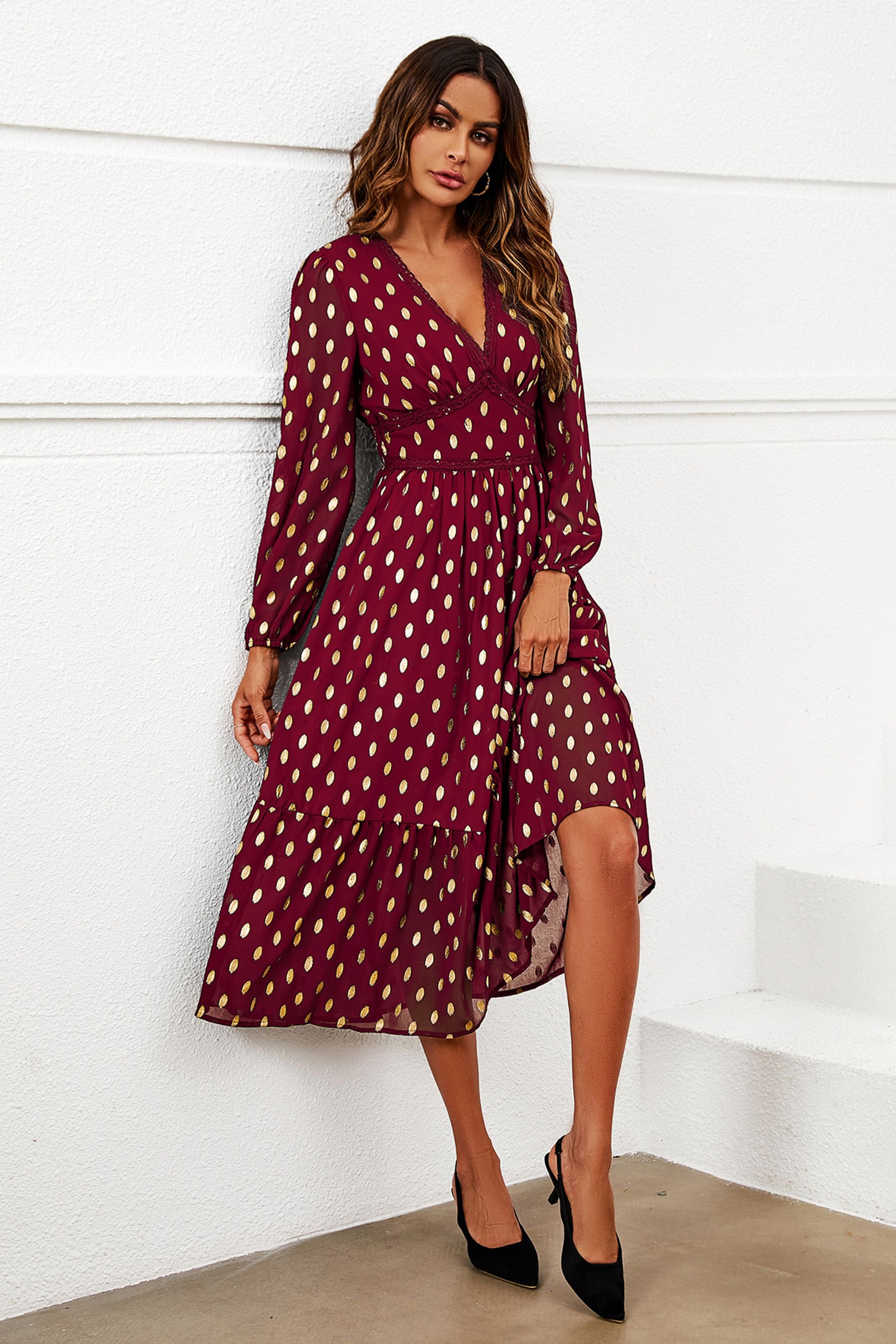 FS Collection Gold Foil Lace Trim Long Sleeve Midi Dress