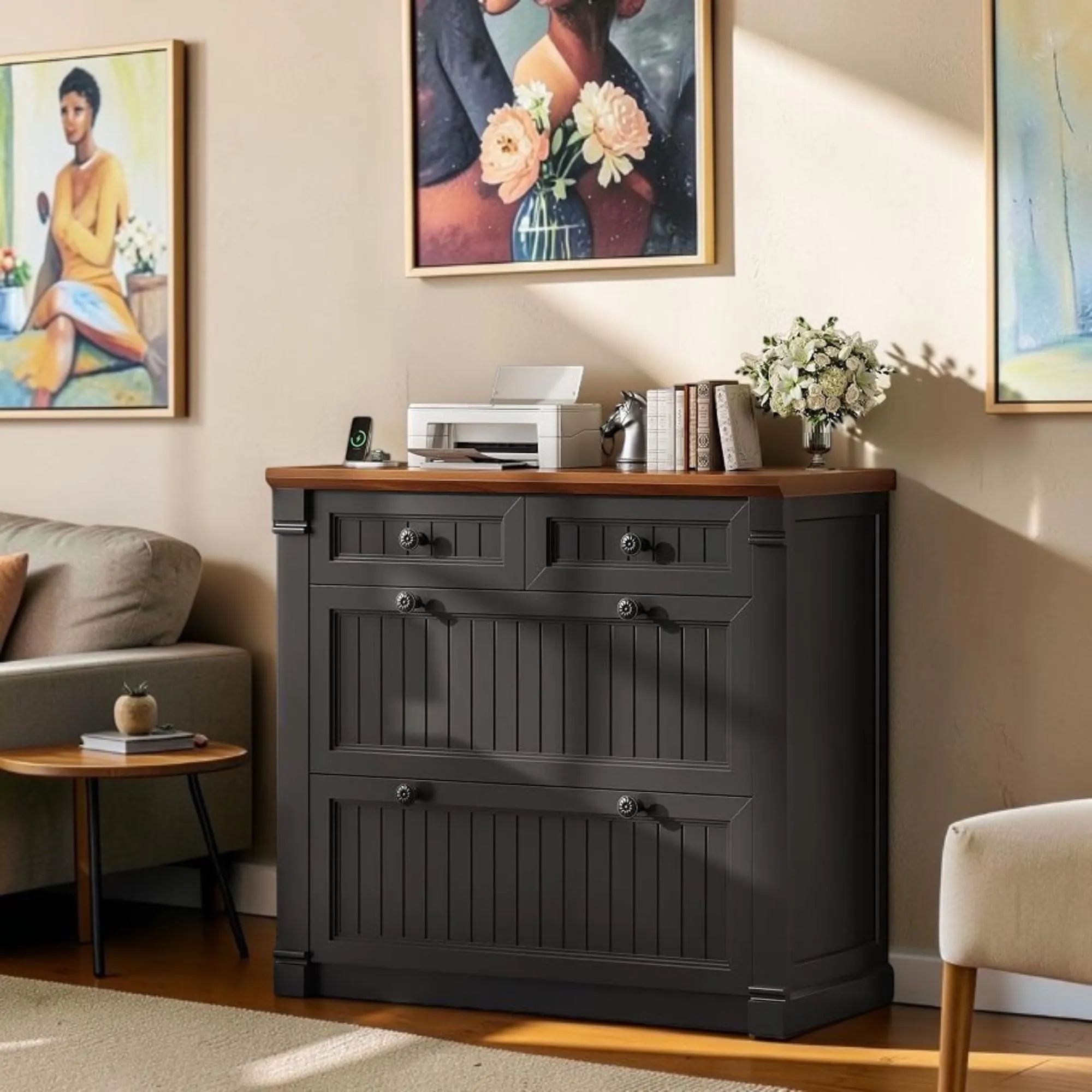 Farmhouse File Cabinet with Power Outlets, Four Drawers, Printer Stand, Storage, Home Office Organizer