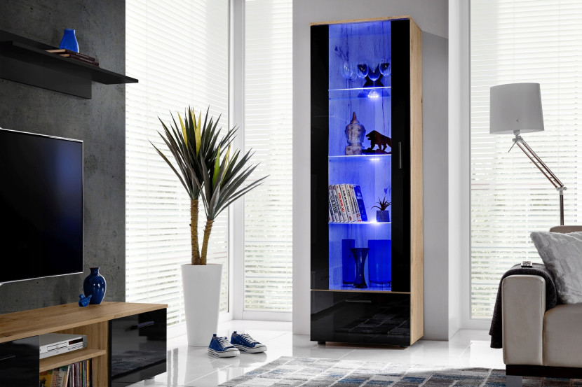 Witryna Szklana Regał Salon Dąb Wotan/Czarny z Półkami Bez LED 192x60