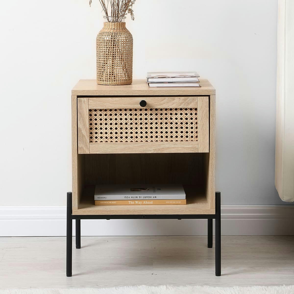 IRIS - Table de chevet 1 tiroir en cannage naturel et effet chêne 40 cm