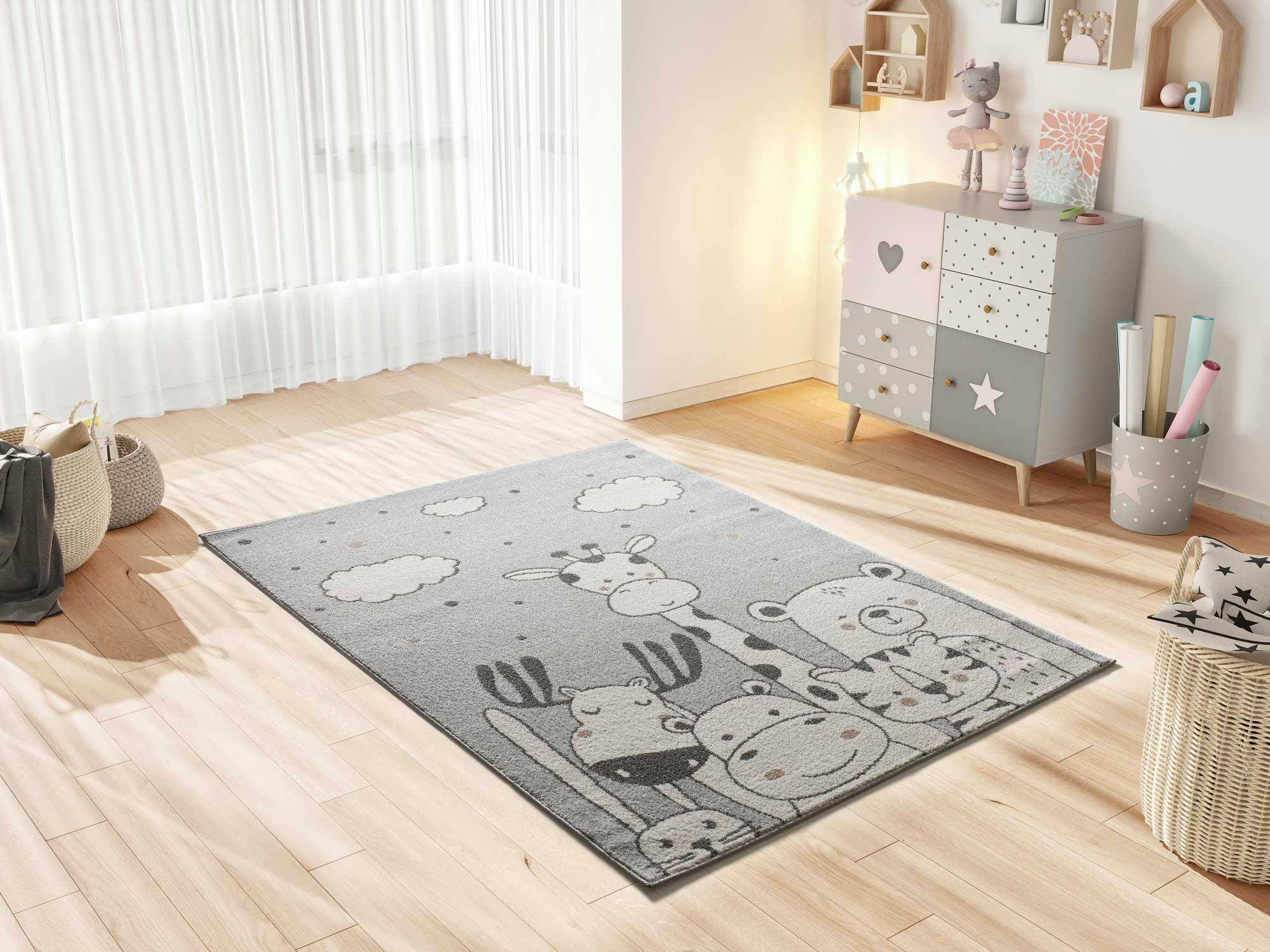 BEATS - Tapis enfants avec animaux en gris, 120X170 cm