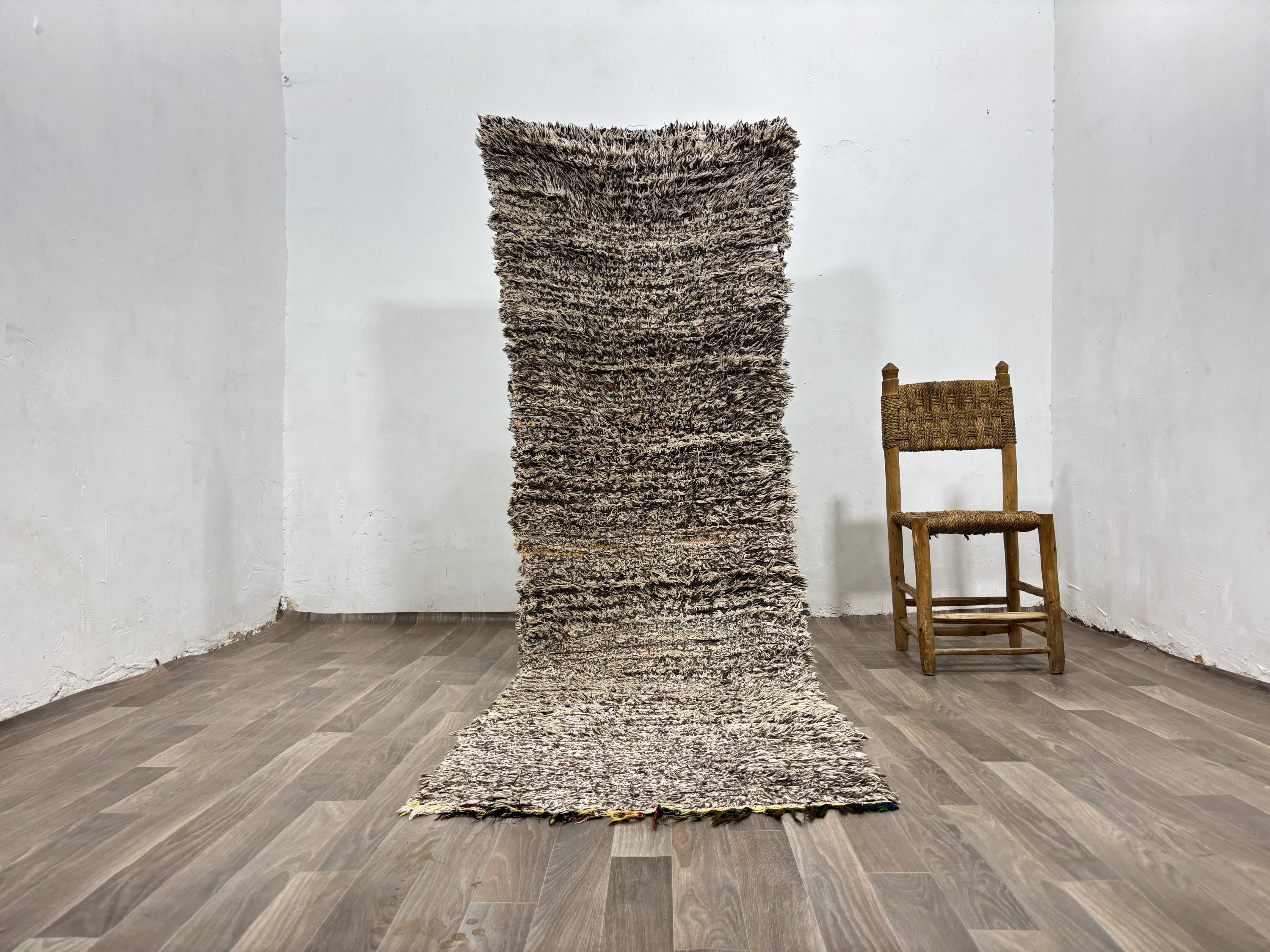 Handwoven Moroccan Runner Rug,ft9x2 Neutral Shag Hallway Rug, Fluffy cotton Rug, Handmade Berber Area Rug, Cozy Textured