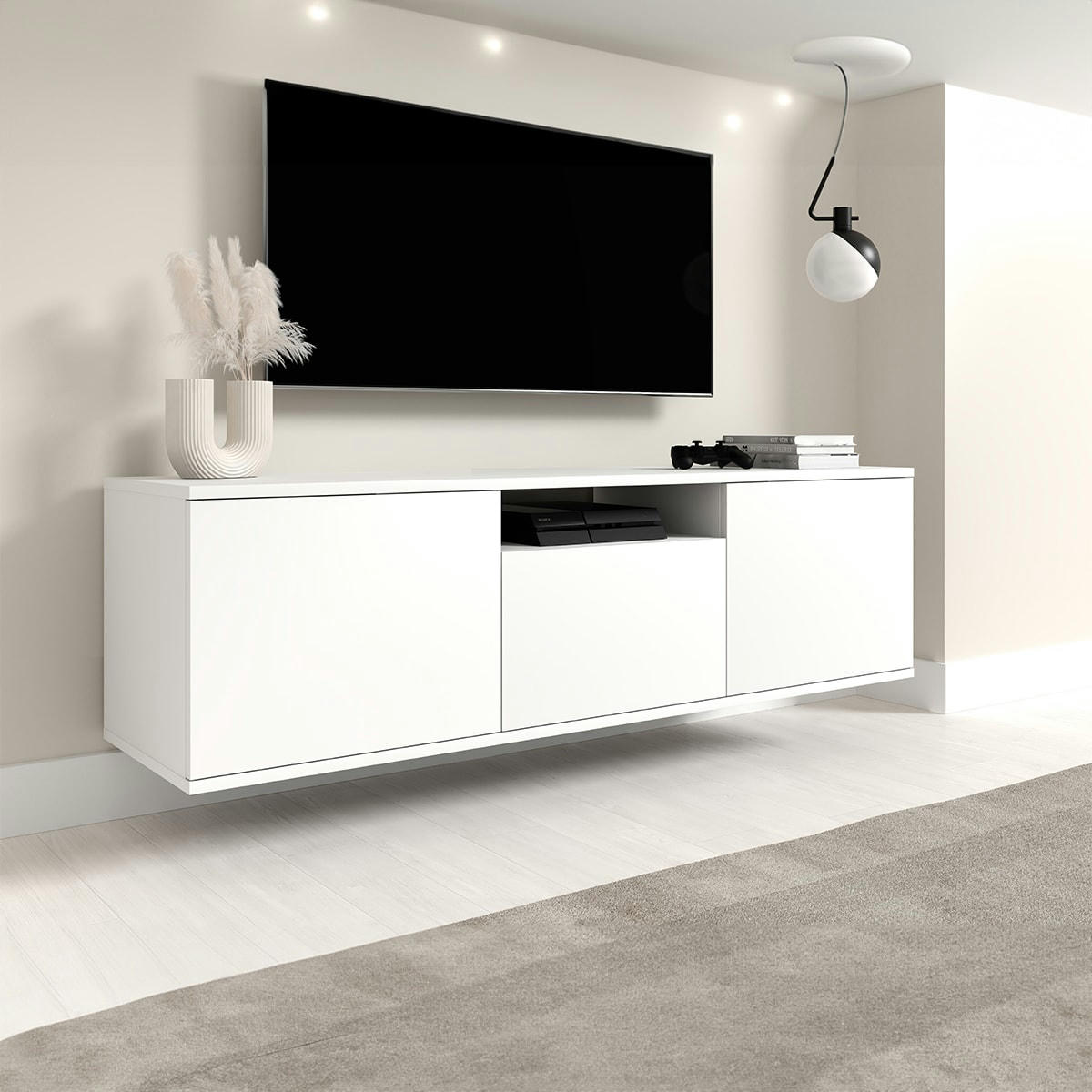 - Meuble TV mural 3 portes 150 cm stratifiés blanc
