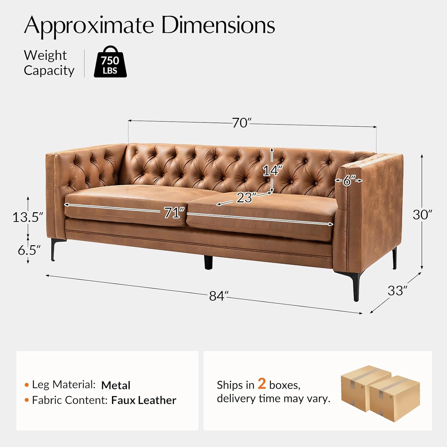 HULALA HOME 84 W Faux Leather Sofa Couch with Metal Legs, Button-Tufted 3-Seater Sofa, Mid Century Modern Upholstered Couch for Living Room, Entertainment Area, Apartment,Camel