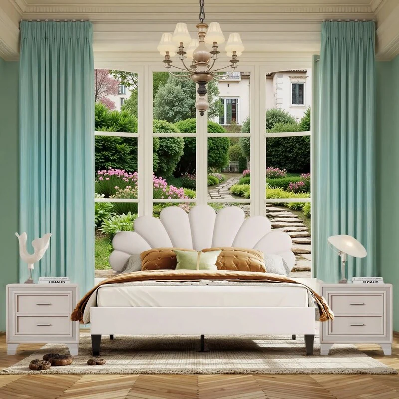 3-Pieces Bedroom Sets, Upholstered Platform Bed with Flower Pattern Velvet Headboard ,and Two Nightstands with 2 Drawers