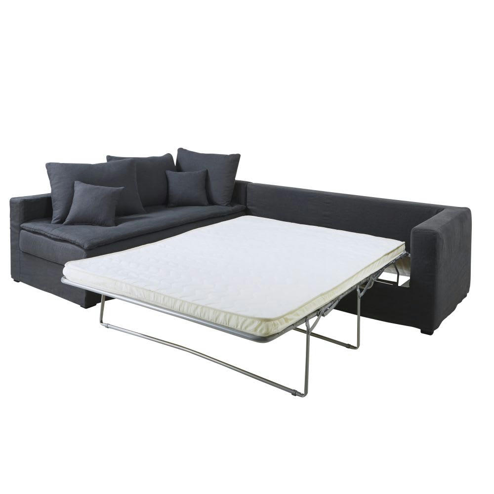 Célestin - Canapé d'angle gauche convertible 5 places en lin gris anthracite