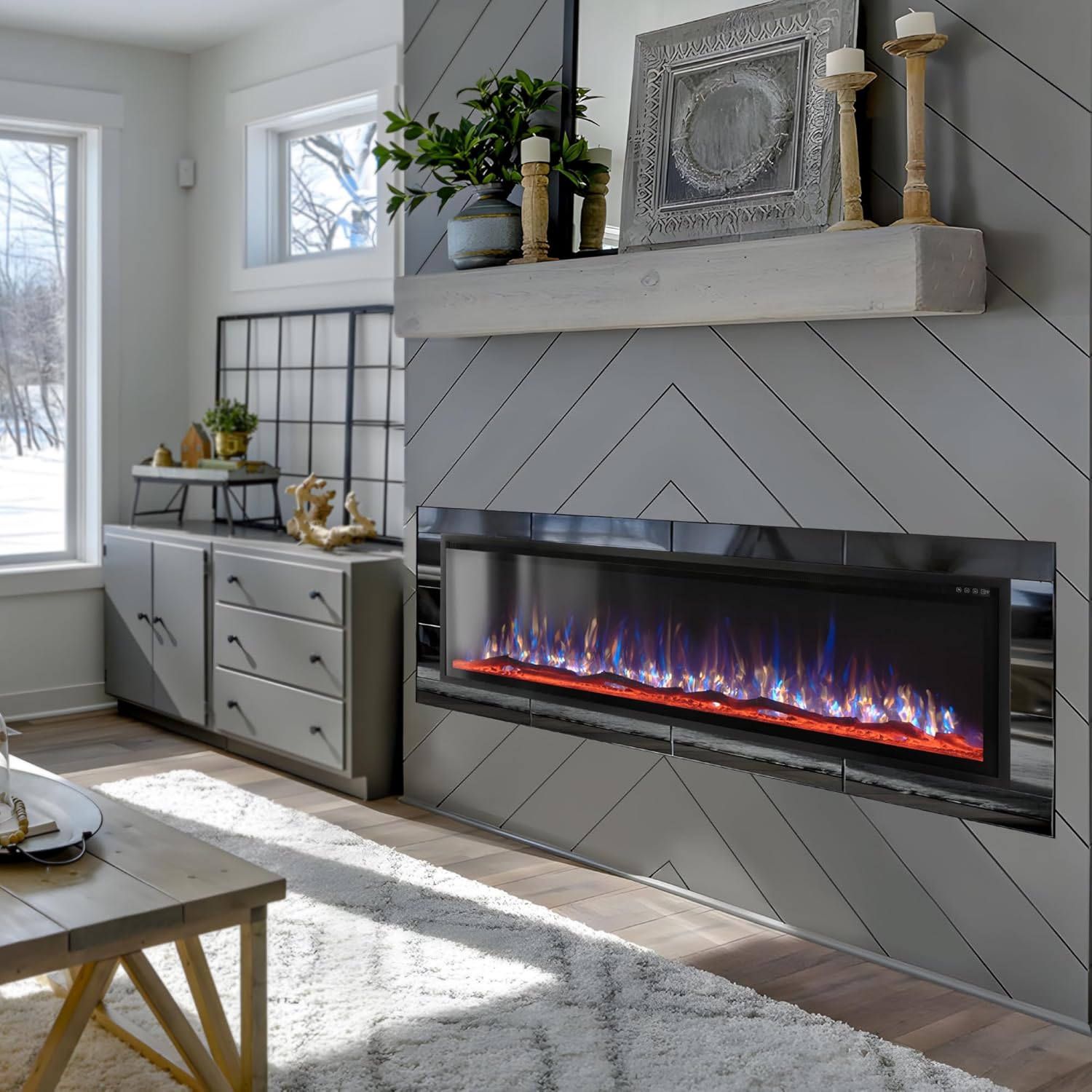MAISON ARTS 72 Electric Fireplace, Recessed & Wall Mounted Electric Fireplace Heater, Ultra Narrow Frame Fireplace Insert w/Remote Control, Timer, Adjustable Flame Colors, Log/Crystal, 750/1500W