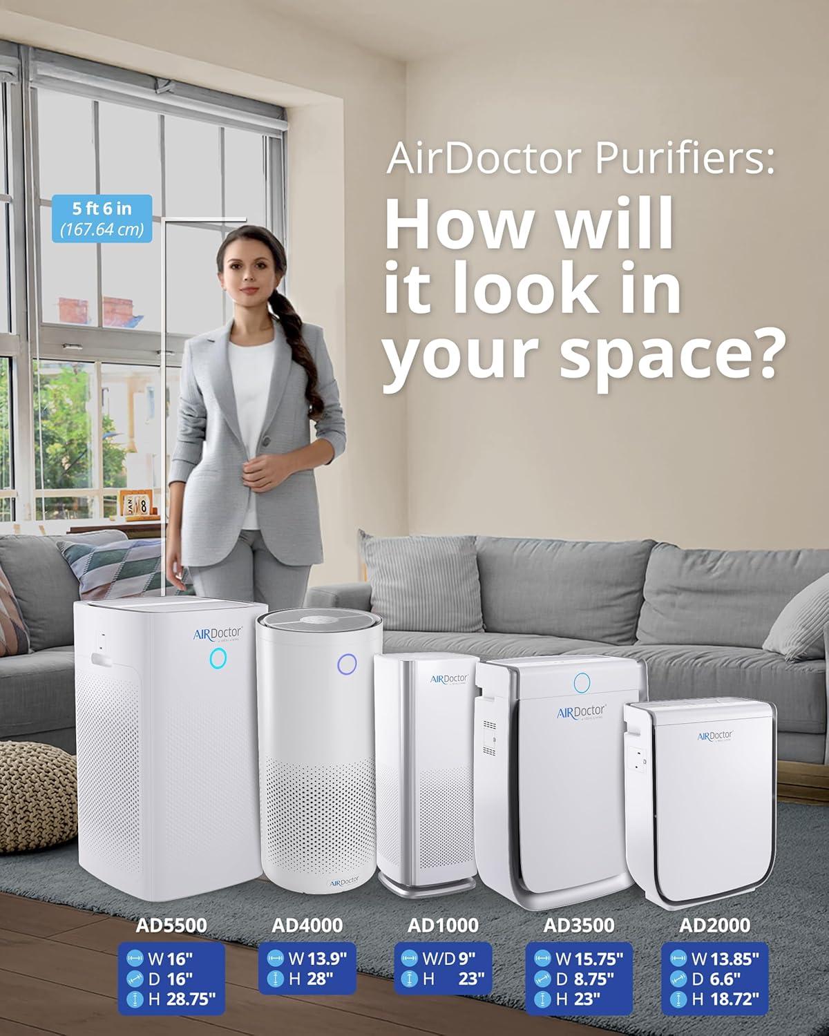 AIRDOCTOR AD2000 Air Purifier for Small & Medium Rooms and Small Bedrooms. 3 Stage Filtration with Pre-Filter, UltraHEPA, Carbon/VOC (AirDoctor 2000)