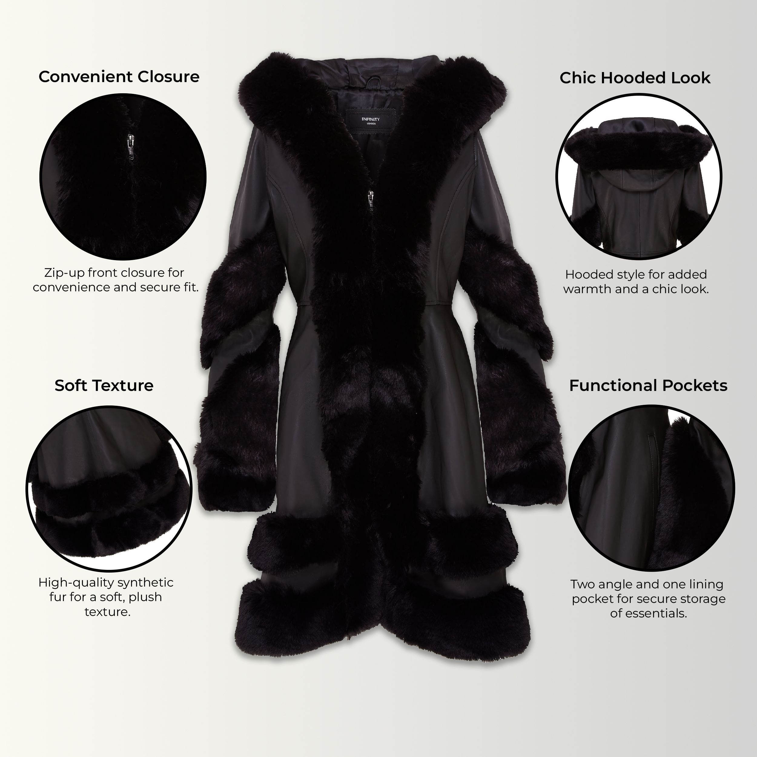 Infinity Leather Flared Leather Hooded Cape Coat With Fur - Mandal