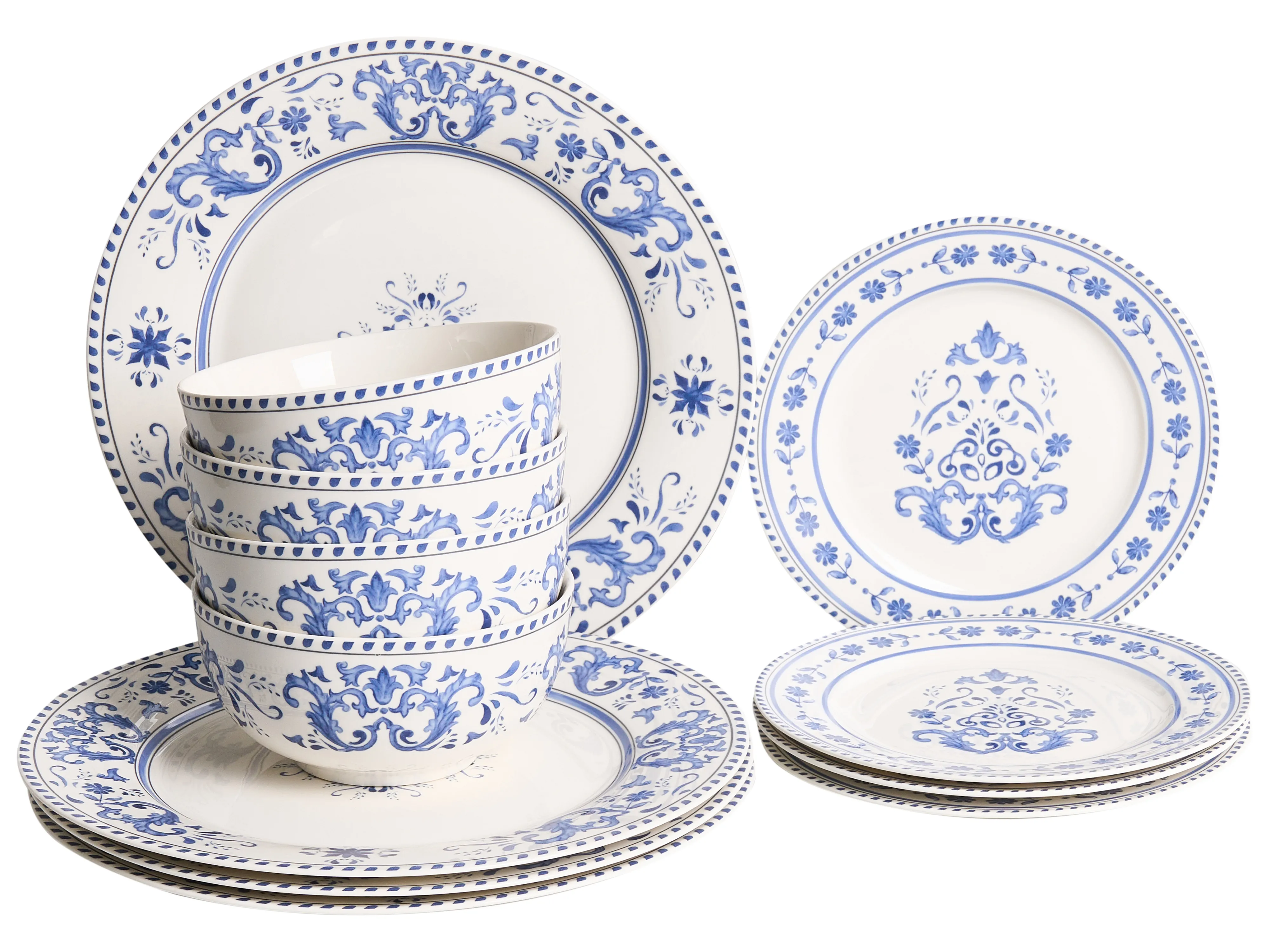 Set of 12 Dinnerware GALANGAL Porcelain White/ Blue