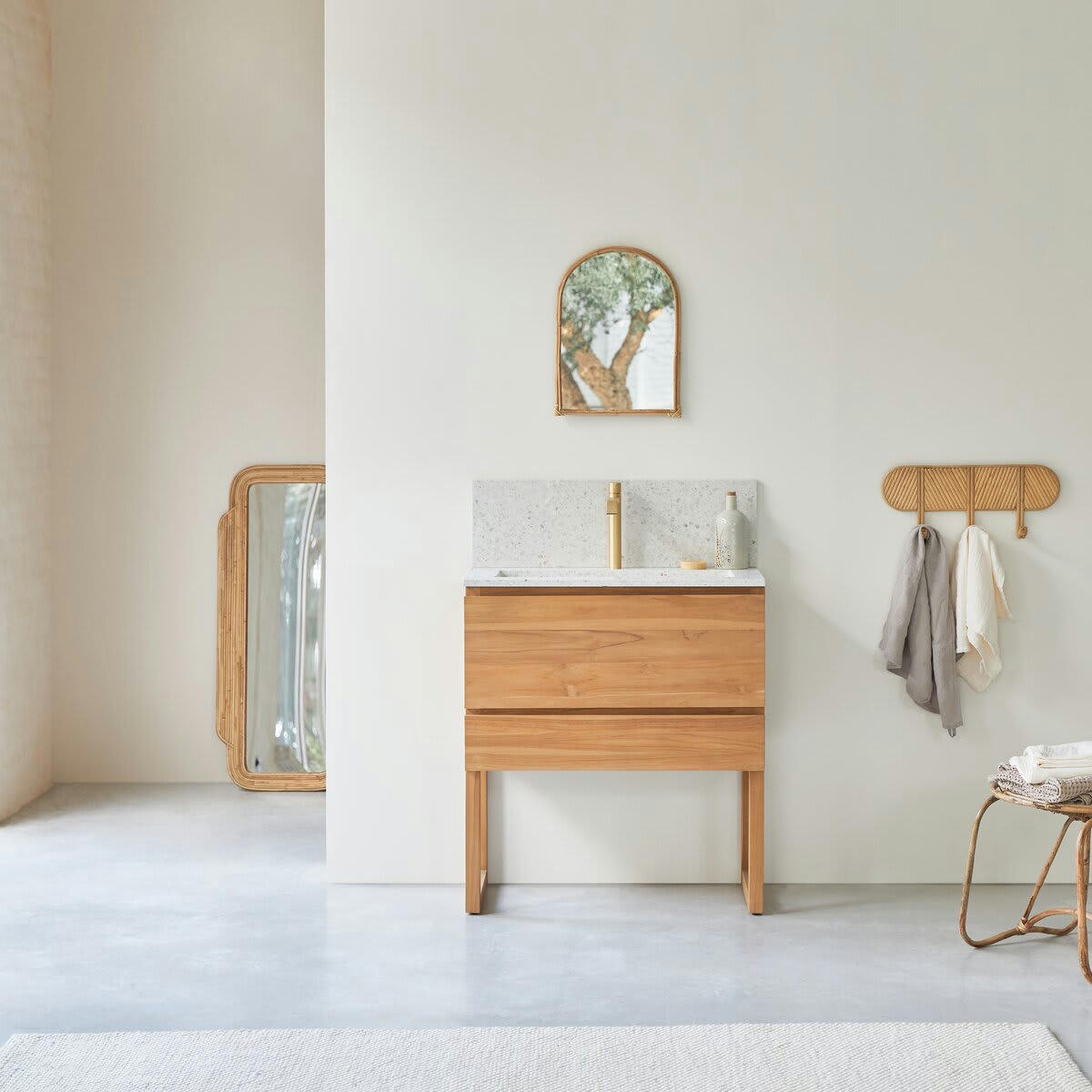 EDGAR - Meuble Salle de Bain en teck massif et terrazzo premium Moon 80 cm