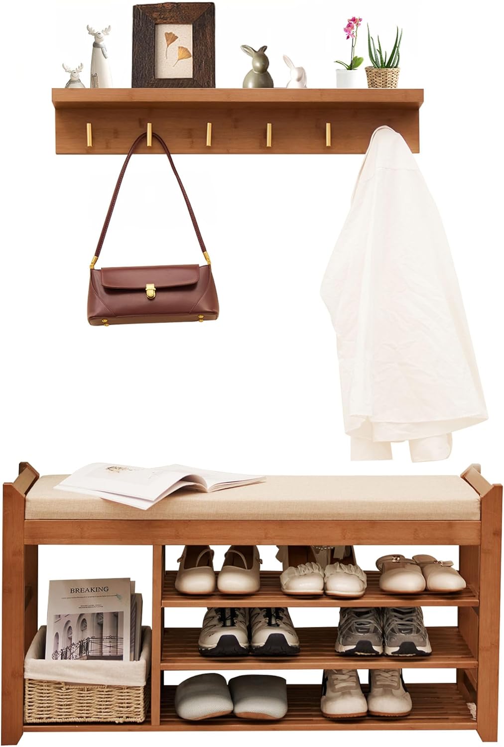 PETKABOO Hall Tree with Bench and Shoe Storage, Coat Rack Shoe Bench Set with Seat Cushion and 6 Hooks for Entryway, Hallway, Living Room and Bedroom