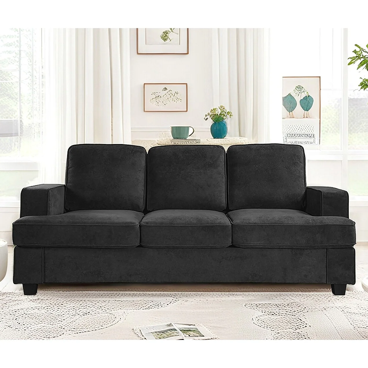 Modern Velvet Sofa, Comfortable 3 Seater Couch With Deep Seating And High-Density Foam, Loose Back Cushions
