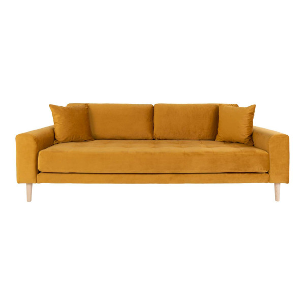 Sofa Lido żółta aksamitna tapicerka nóżki z drewna bukowego