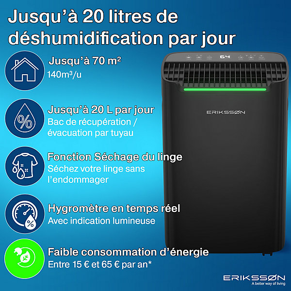 Déshumidificateur 20 litres adapté pour chambre salon cave Dehumidifier