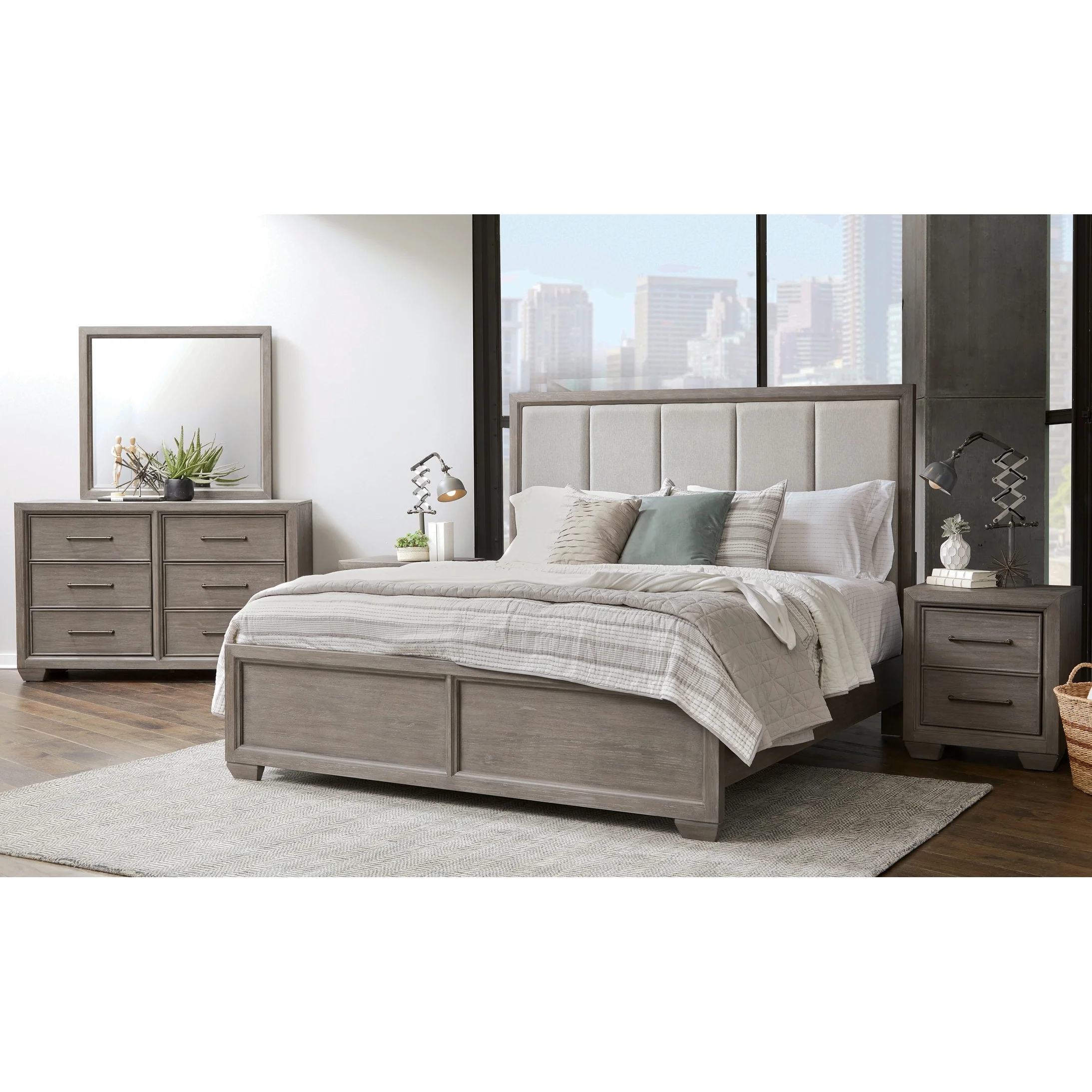 Roundhill Furniture Ennesley Gray Wood Bedroom Set with Upholstered Panel Bed, Dresser, Mirror, 2 Nightstand, and Chest