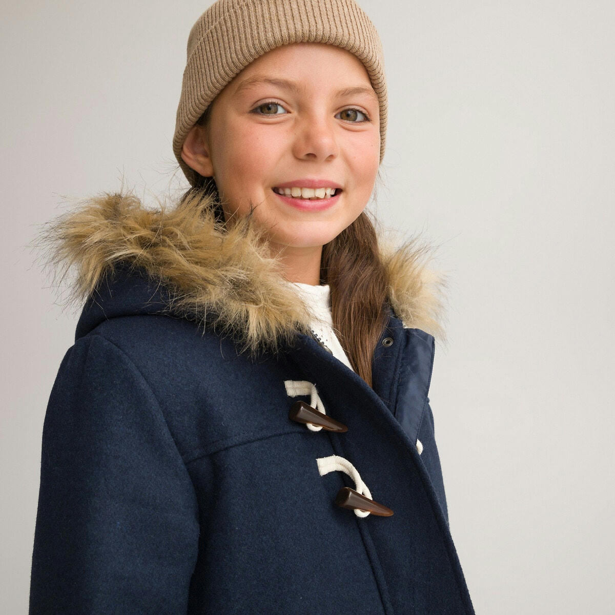 Duffle-coat capuche tissu duveteux à poils longs