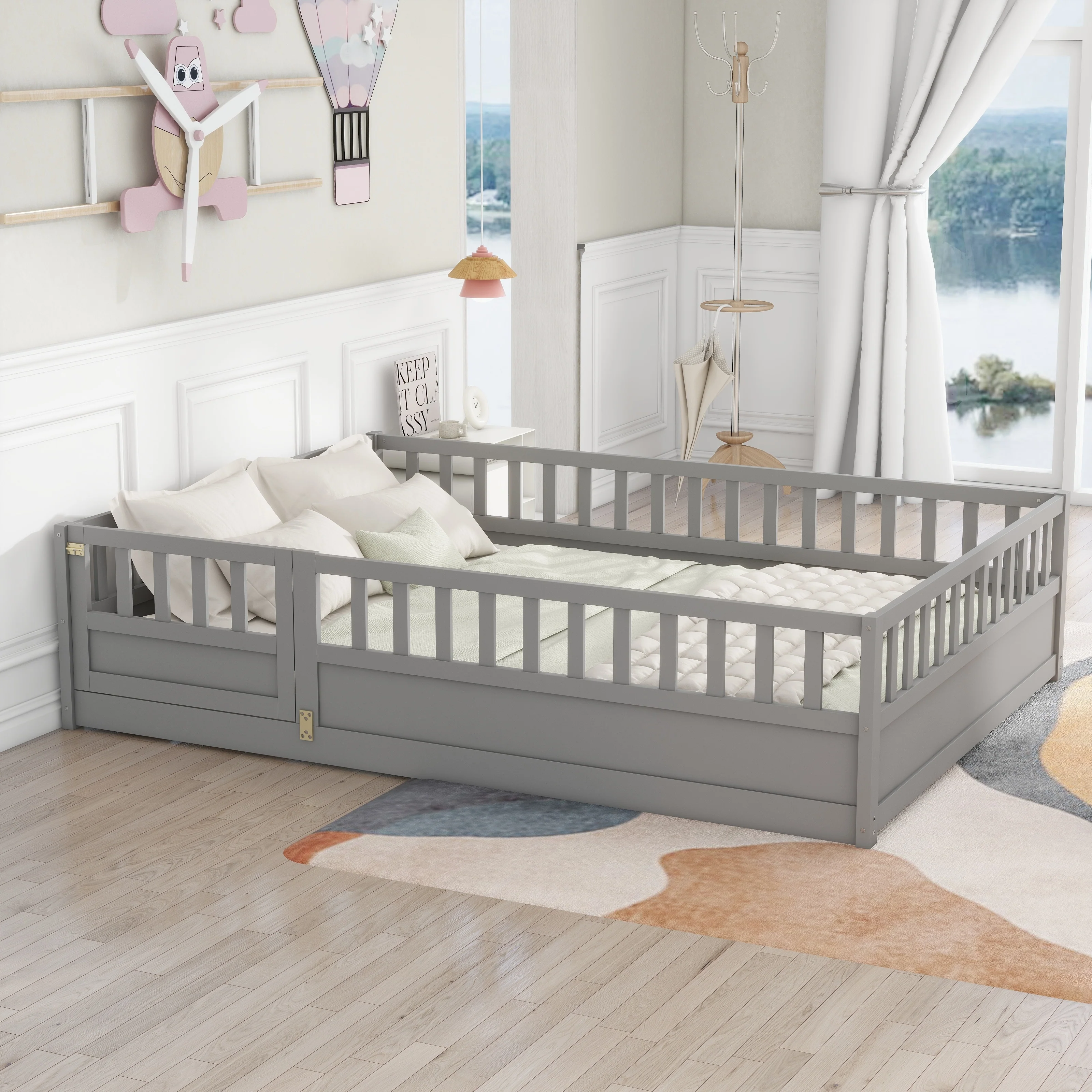 Children's Full Size Floor Bed with Safety Fence and Pine Wood Frame