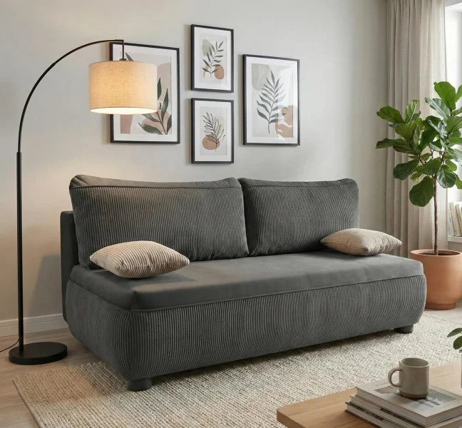 Wygodna sofa sztruksowa ADDA Ciemnoszara – funkcja spania, mechanizm DL