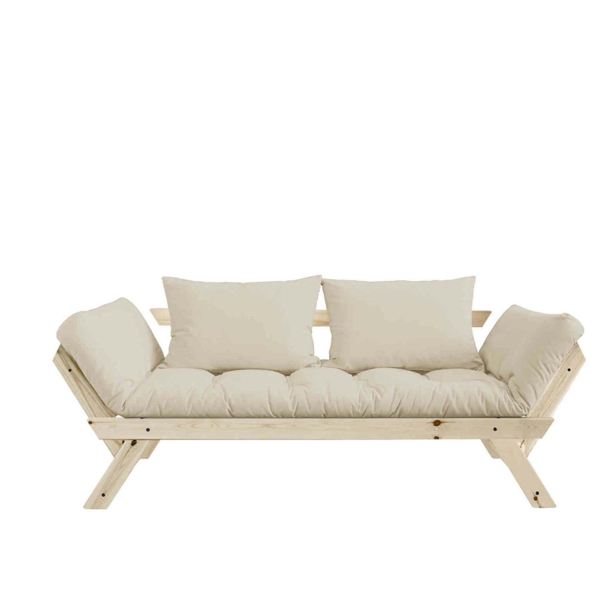 - Banquette futon en pin avec coussins
