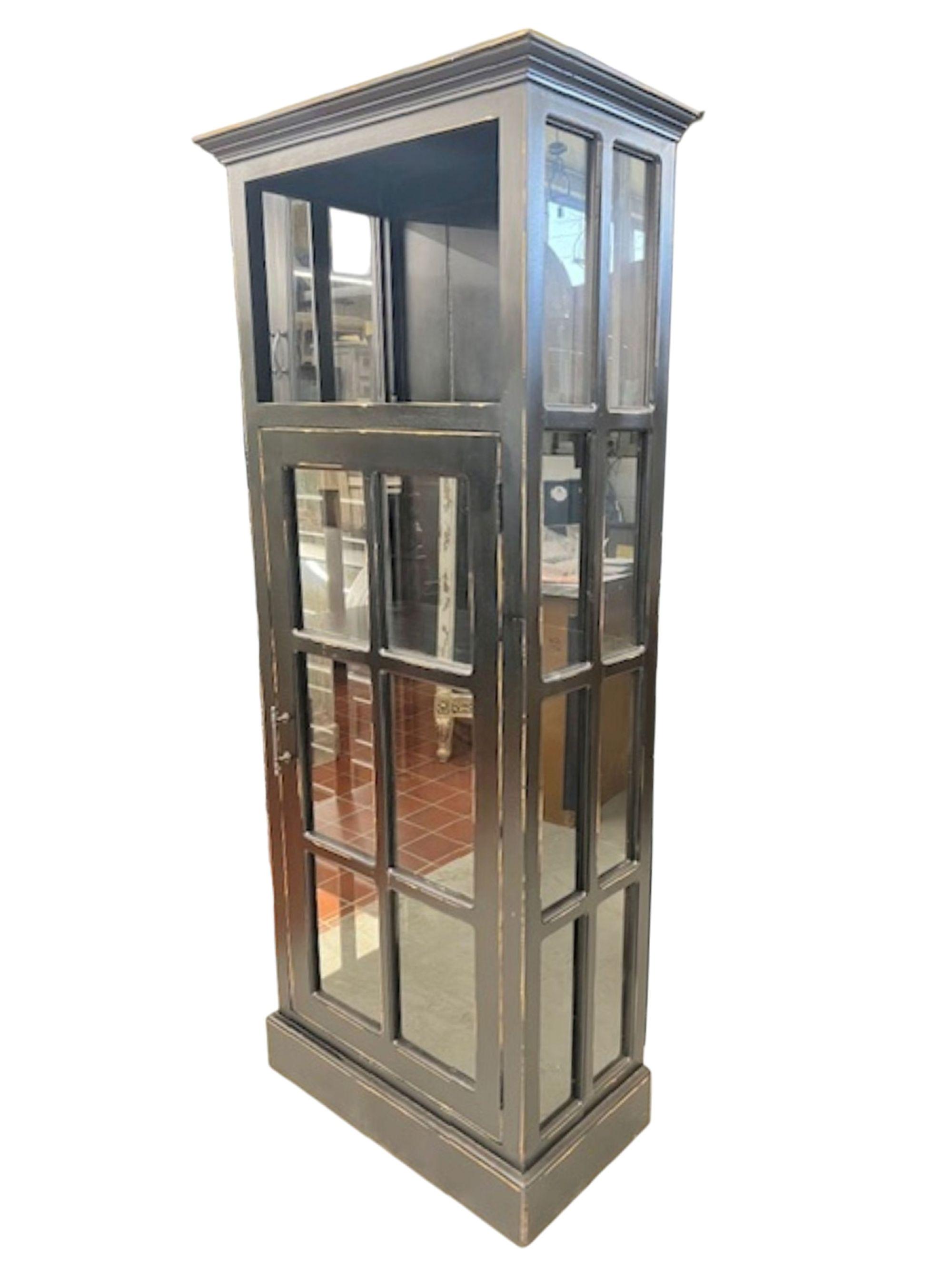 Cape Cod Tall Glass Display Kitchen Linen Storage Distressed Black Cabinet Modern Bookcase 27x14x72