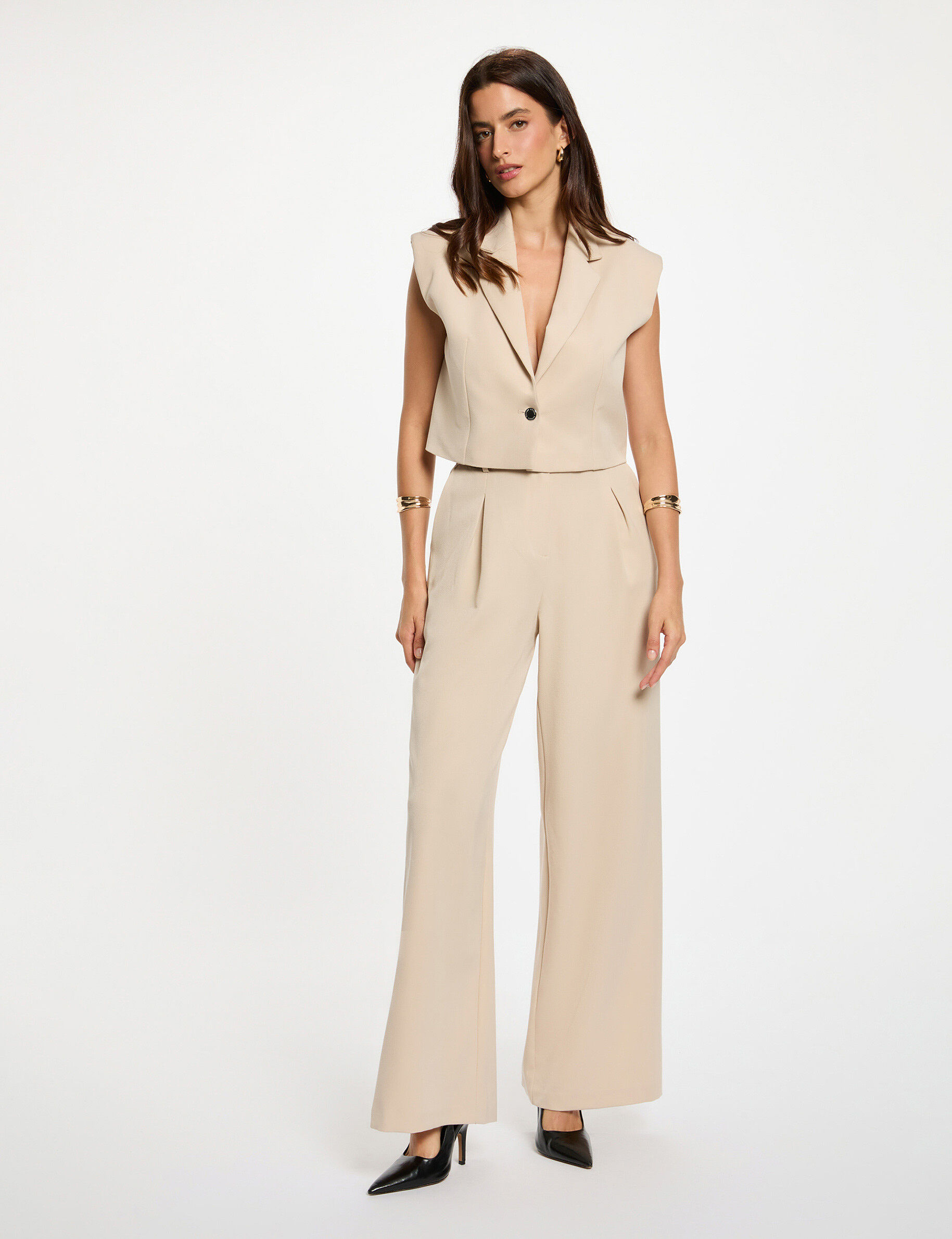 High-Waisted Wide-Leg Trousers Beige Women