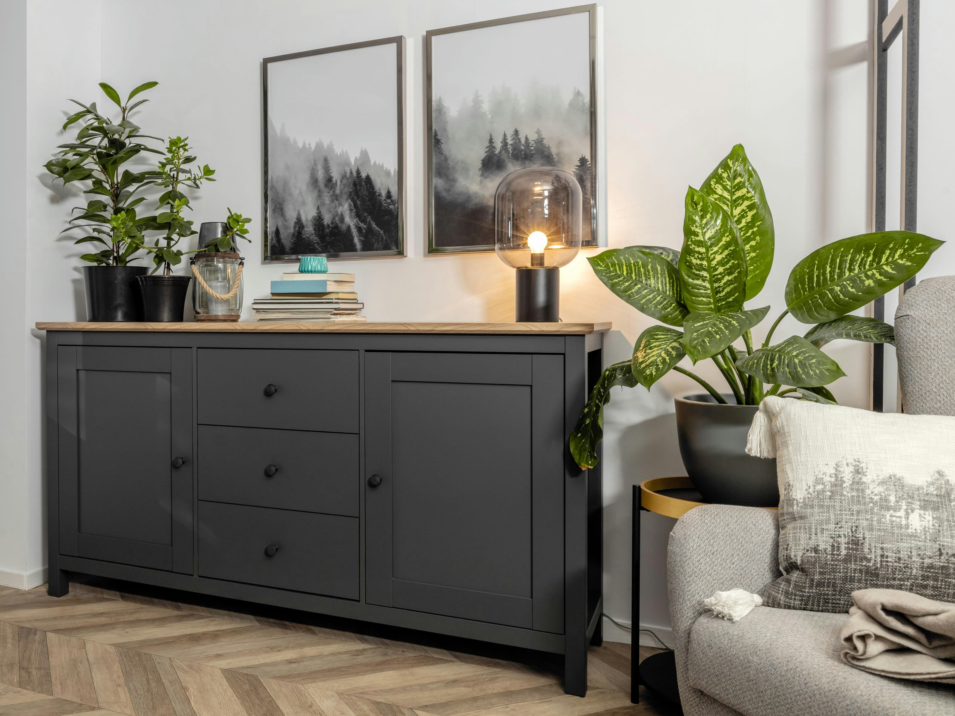 HESEN - Buffet  effet chêne et gris 186cm gris et chêne clair