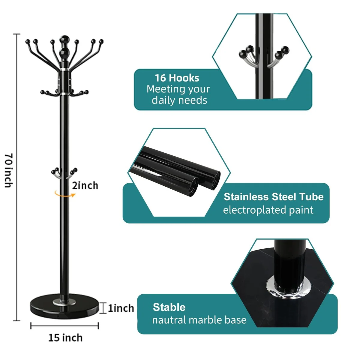 Coat Rack with Natural Marble Base, Metal Freestanding Coat Rack with 16 Hooks, Sturdy Coat Rack Stand