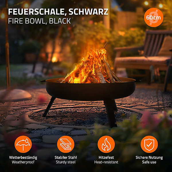 Bol à feu basero acier noir avec 3 pieds pliables foyer grille barbecue 60x27cm