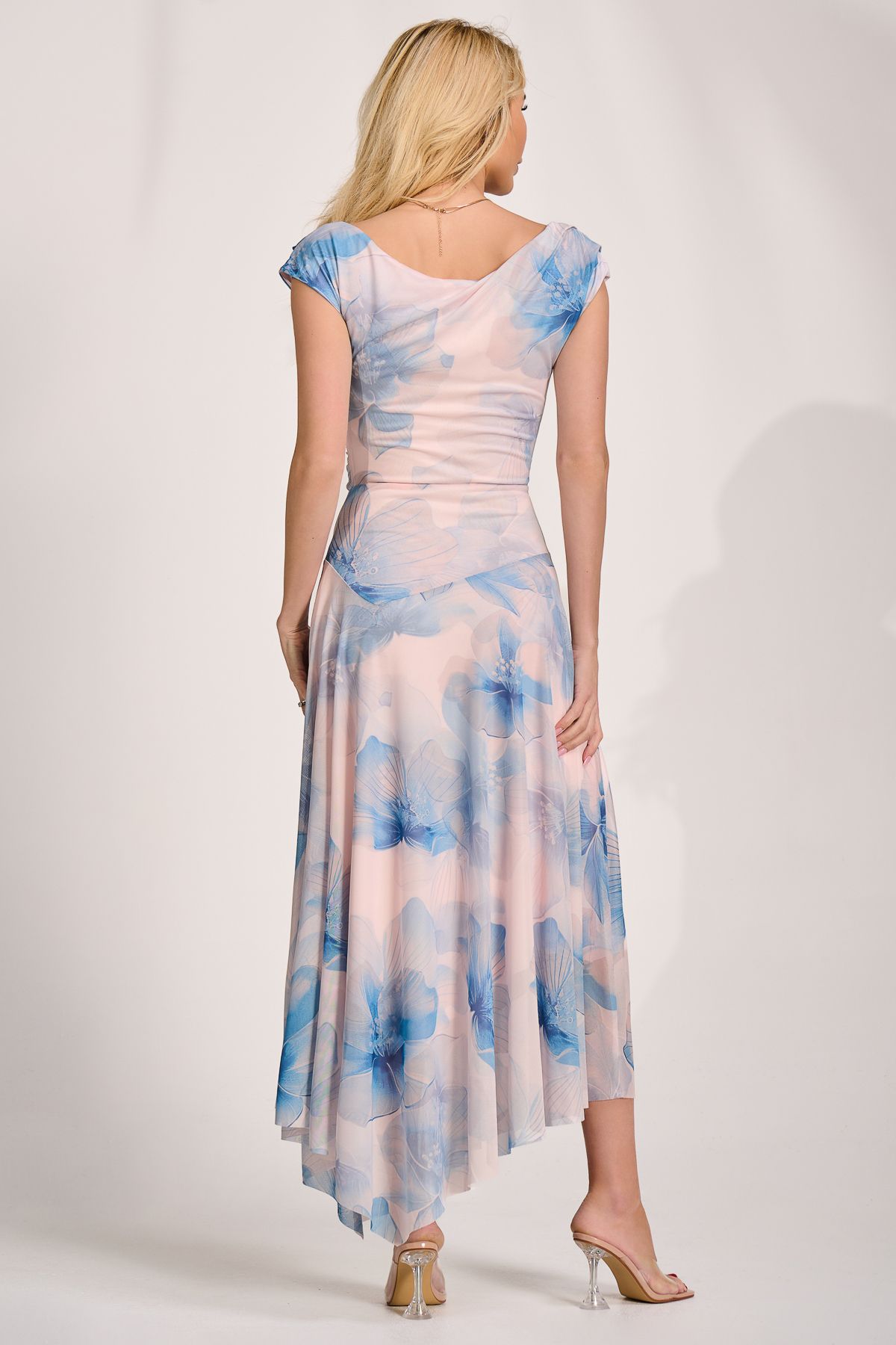 Jolie Moi Asymmetric Draped Mesh Maxi Dress