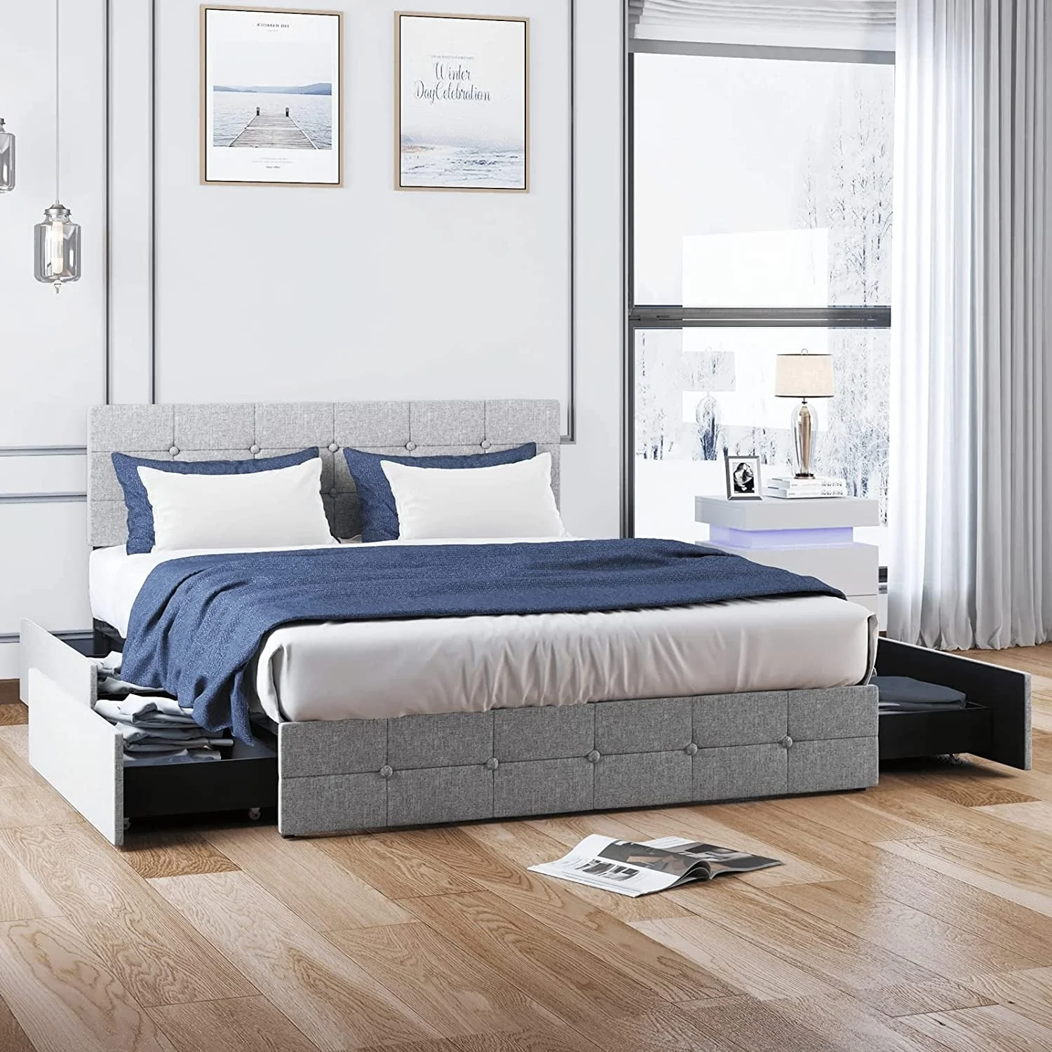 Mixoy Platform Bed Frame, Upholstered and Button Tufted Headboard Square Stitched, 4 Storage Drawers