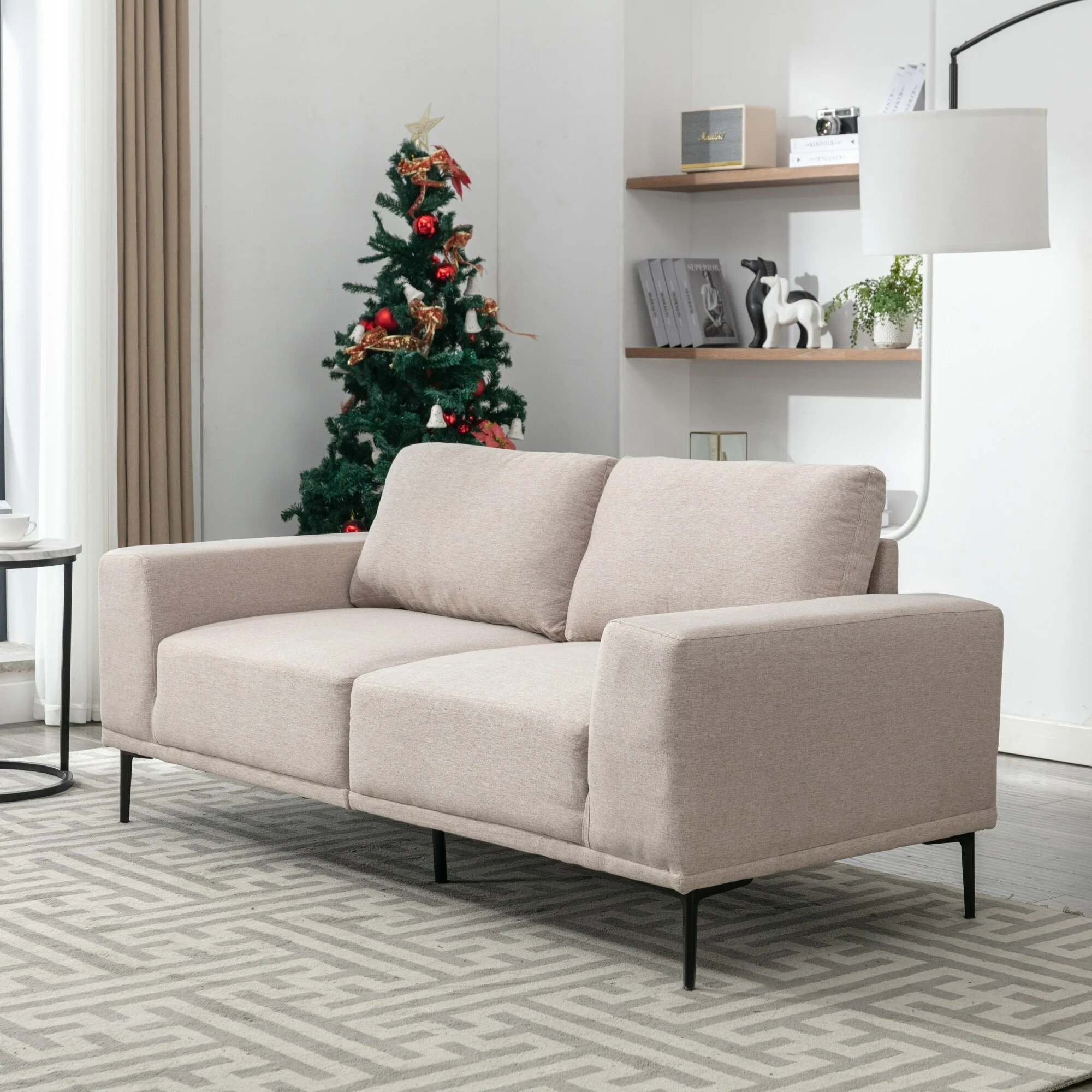 Beige 74.8'' Modern 2-Seater Fabric Sofa with Iron Legs and Comfortable Cushions for Living Room or Bedroom