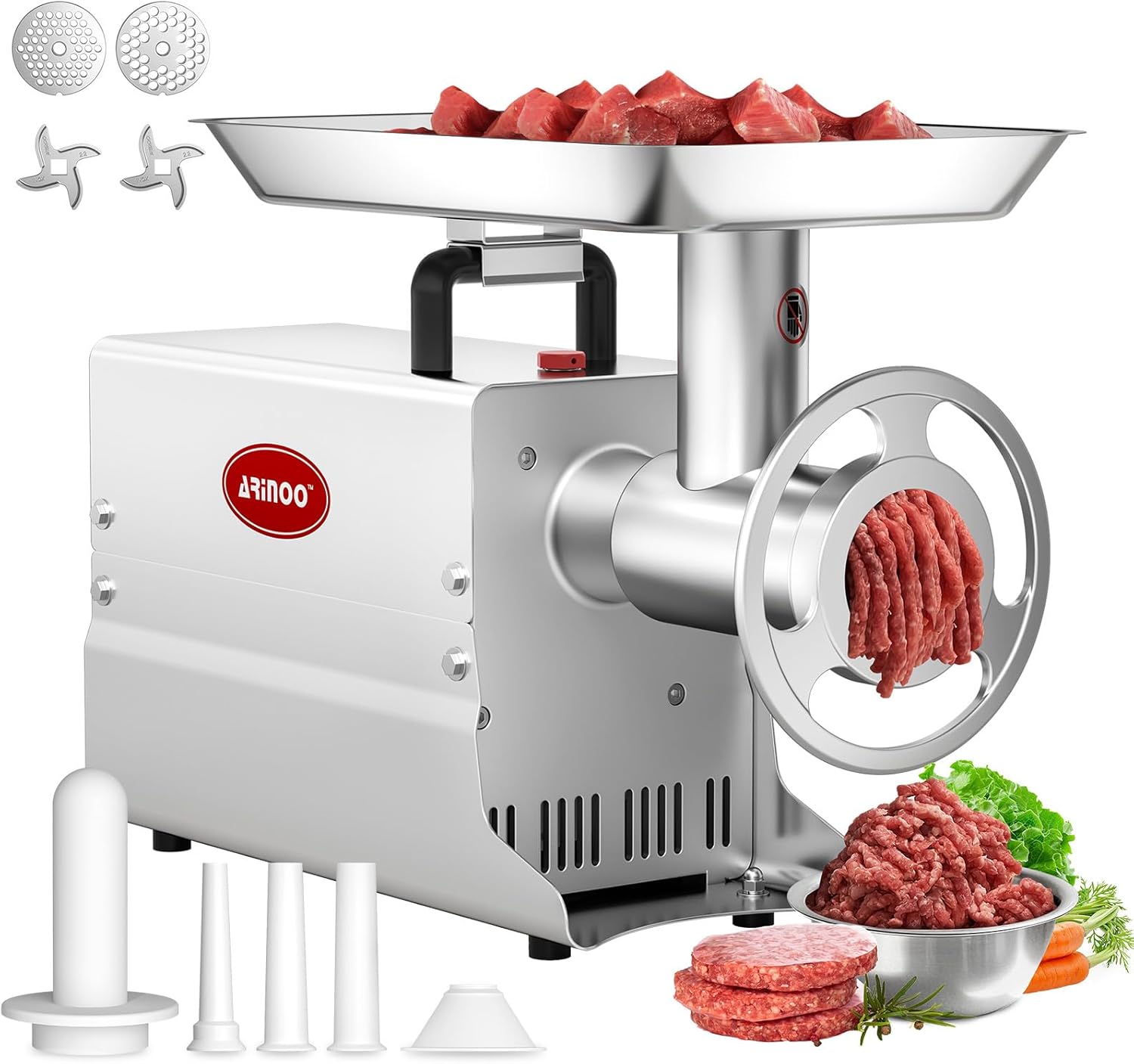 Commercial Electric Meat Grinder #22, 1.2HP Heavy Duty Stainless Steel Meat Mincer with 2 Blades, 2 Plates & 3 Stuffing Tubes,Sausage Stuffer Machine for Home Kitchen & Restaurant Use