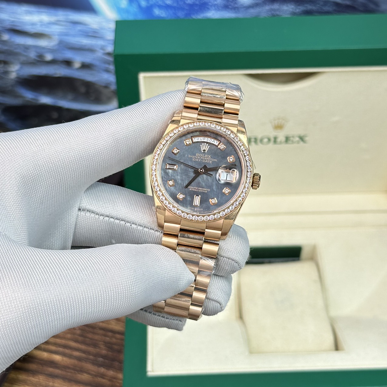 Rolex Day-Date RG Plated Dark MOP Dial CZ Diamonds 40mm BPF Replica