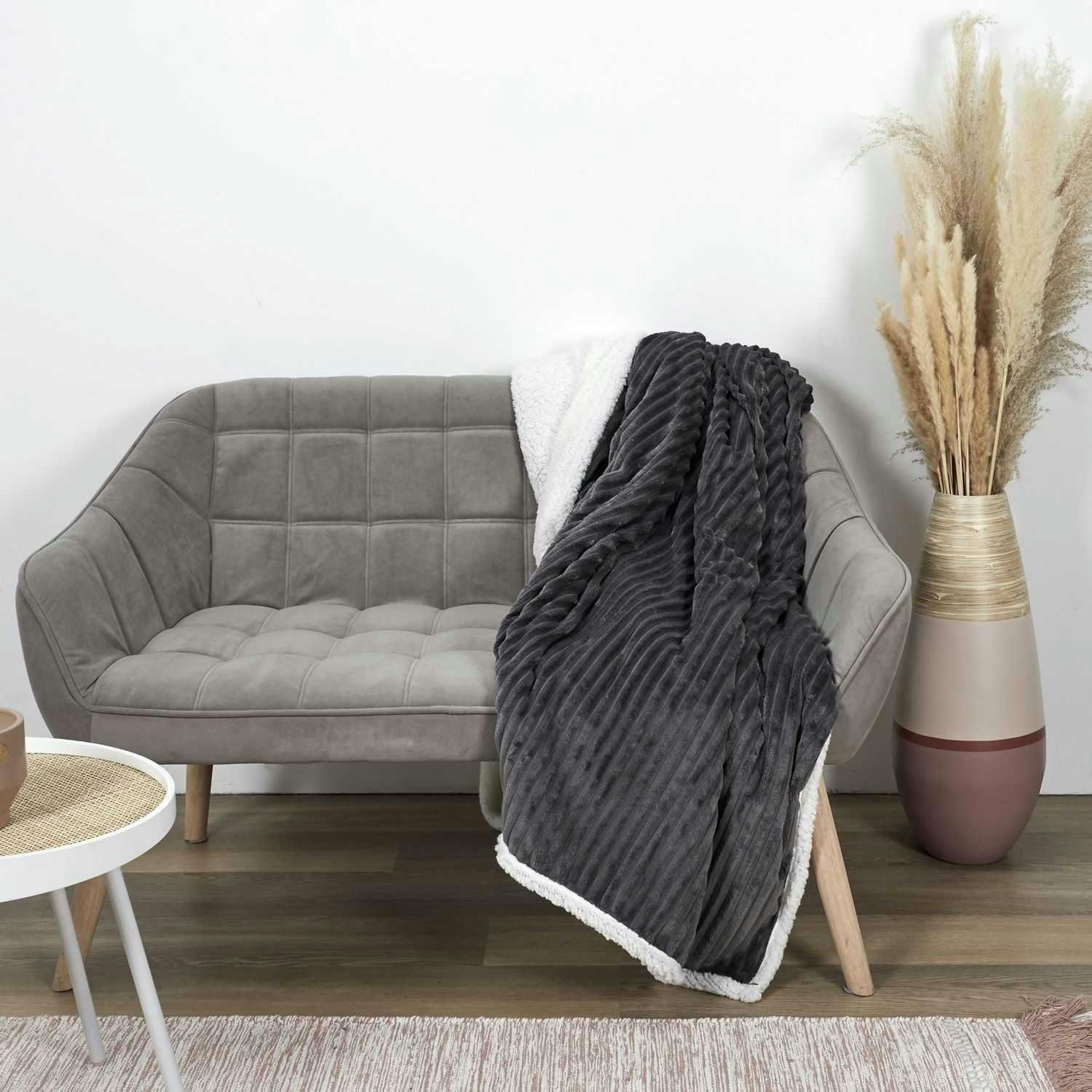 - Plaid flanelle côtelé 180x220cm gris