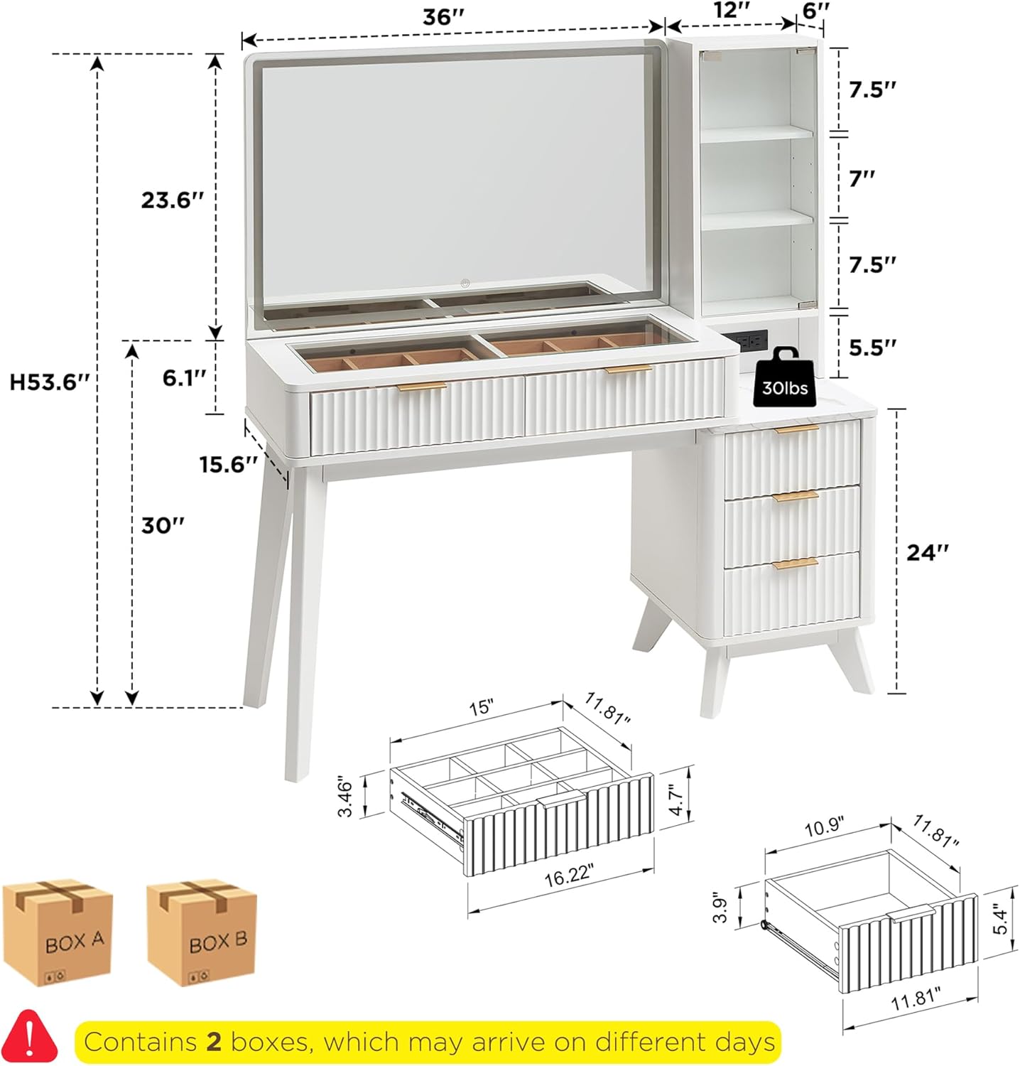 T4TREAM 48 Fluted Makeup Vanity Desk with Large 36 Mirror and Lights, Modern Glass Top Big Vanity Table with 5 Drawers & Adjustable Shelves, Dressing Table Set w/Charging Station for Bedroom, White