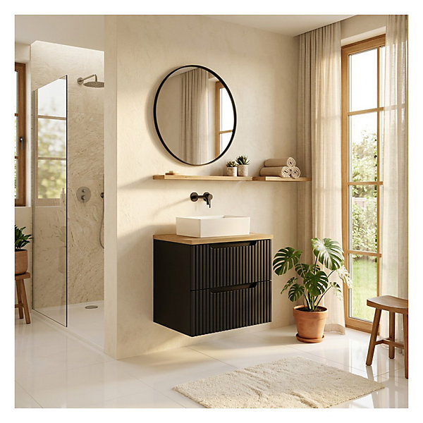 Ensemble de salle de bain suspendu VANO 50cm : meuble sous vasque à tiroirs rainuré et plan pour vasque aspect chene clair