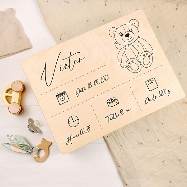 Creative Deco Boîte en Bois Personnalisée pour Naissance - Motif Ours - 40 x 30 x 14 cm - Cadeau Souvenir Bébé Personnalisable