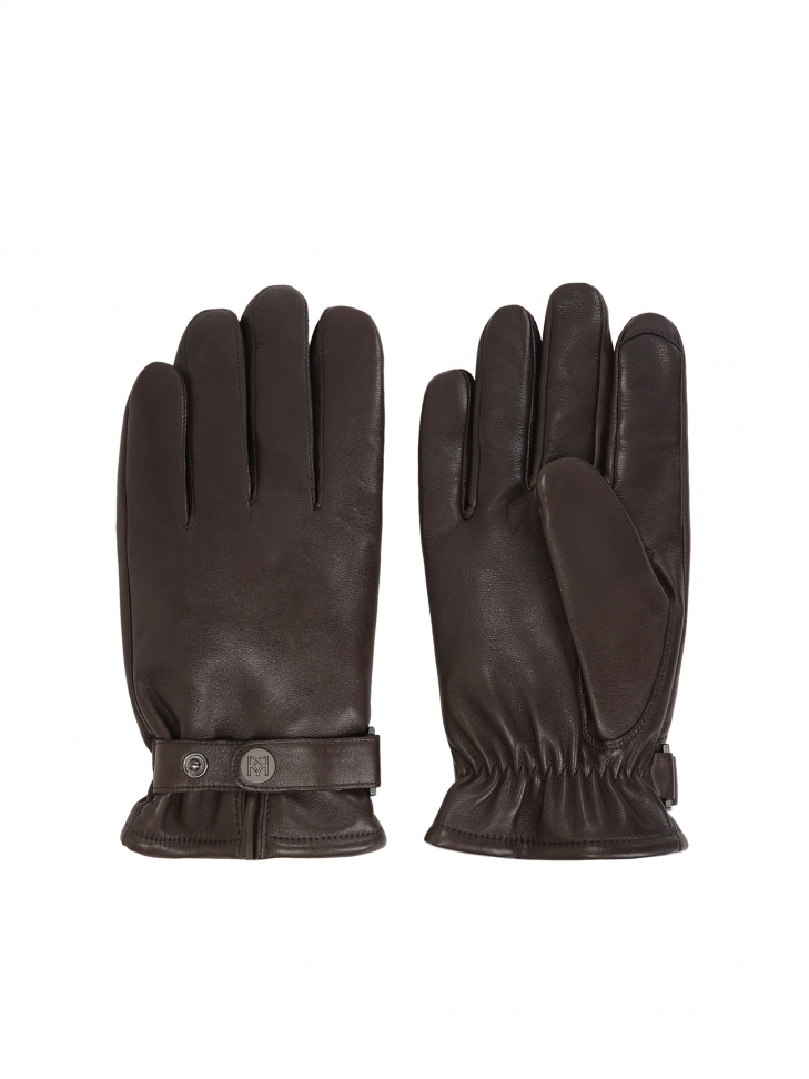 Brown leather men's gloves with adjustable strap