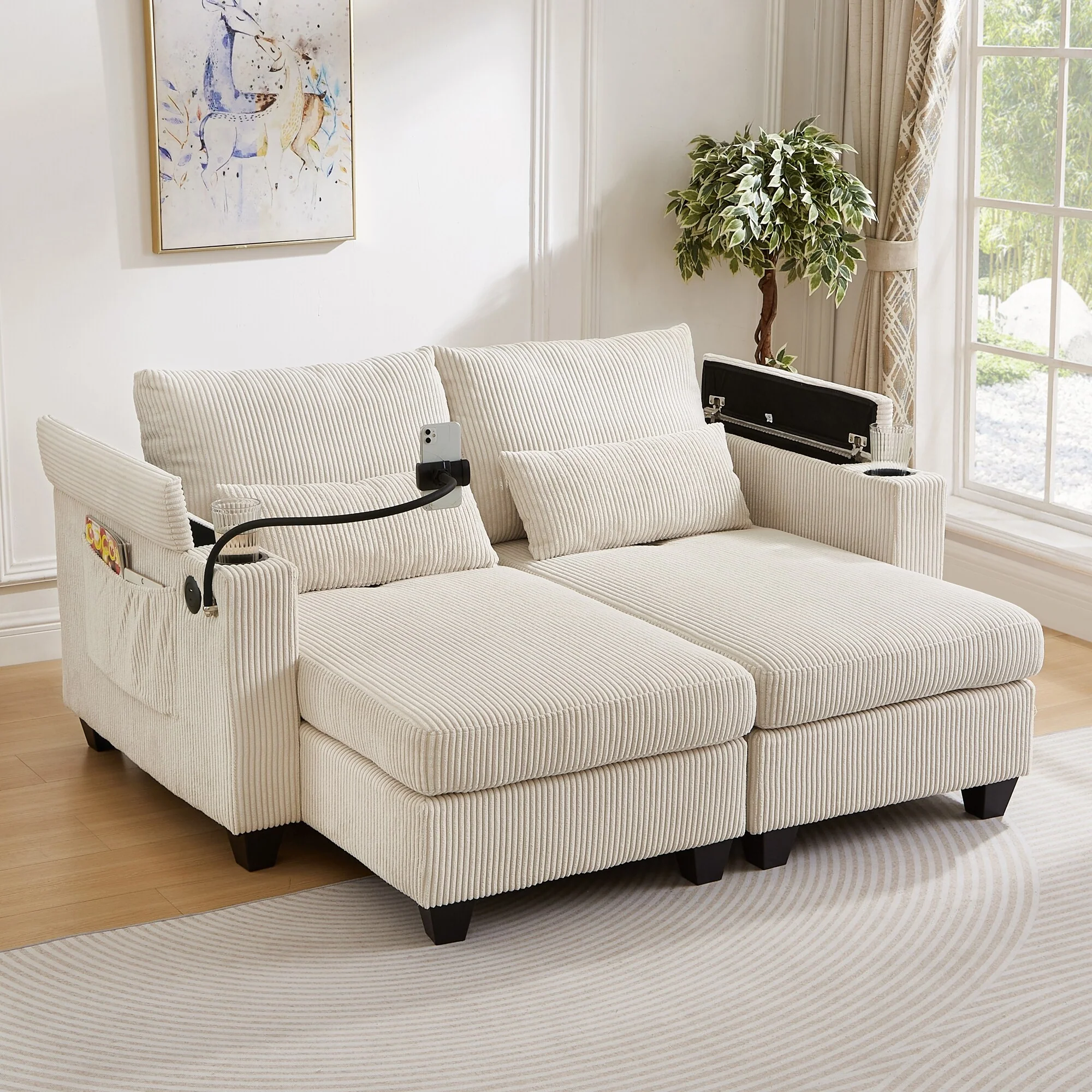 Convertible Chaise Lounge 63 Loveseat Sofa Sofa Bed Corduroy Sleeper Sofa with USB Ports, Two Cup Holders