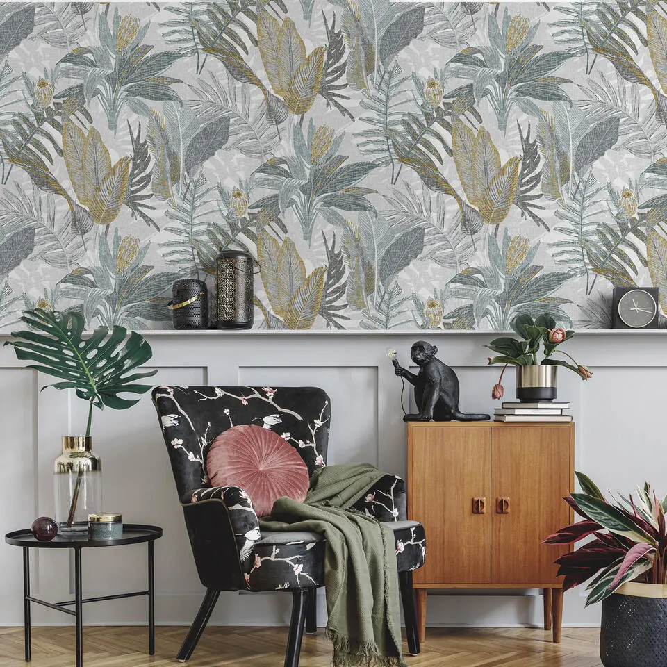 Sanders & Sanders behang bladeren vergrijsd blauw en geel - 53 cm x 10 m