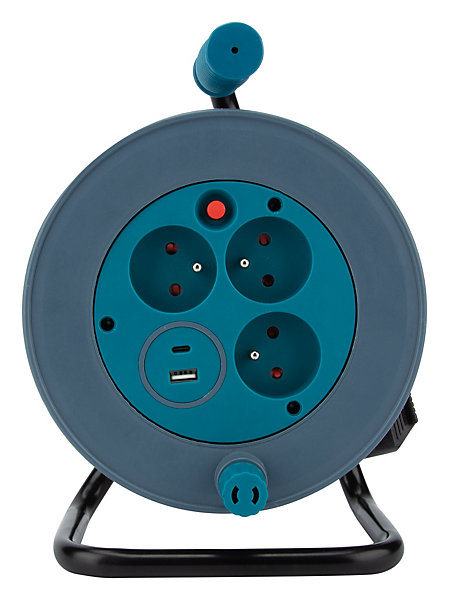 Enrouleur 12m 3 prises   2USB - bleu - Zenitech