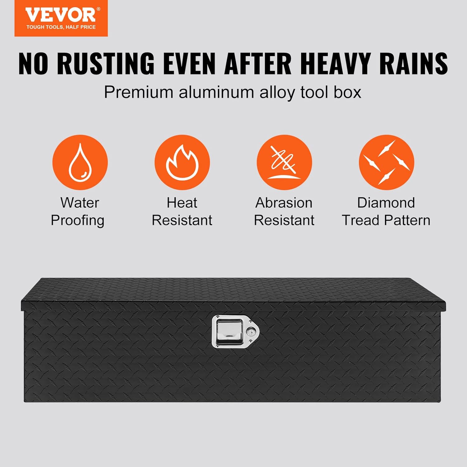 VEVOR Heavy Duty Aluminum Truck Bed Tool Box, Diamond Plate Tool Box with Side Handle and Lock Keys, Storage Tool Box Chest Box Organizer for Pickup, Truck Bed, RV, Trailer, 39x13x10, Black