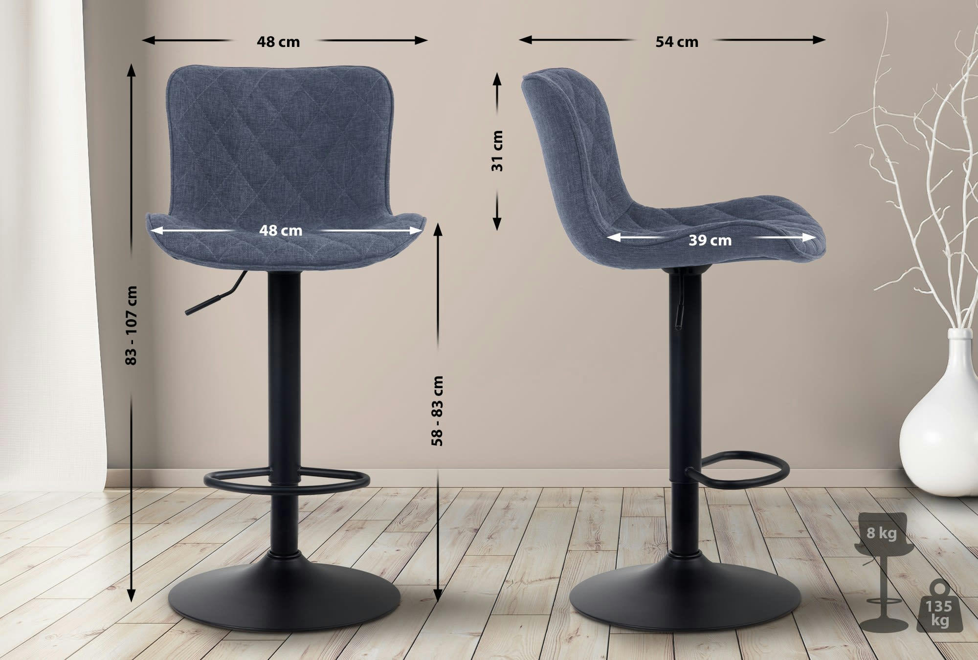 EMMA - Lot de 2 tabourets de bar ajustables pivotants tissu Bleu