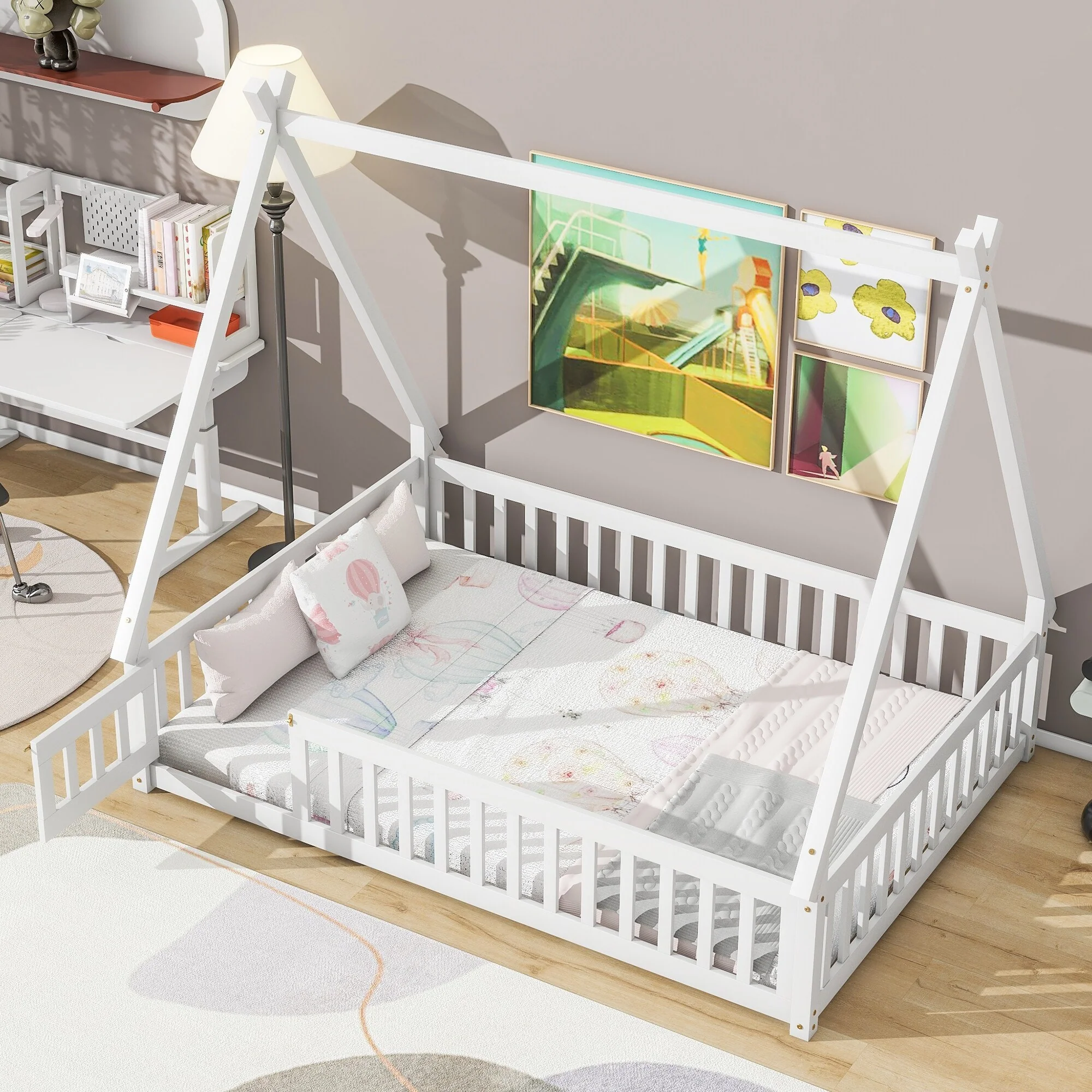 Tent-Style Full Bed with Guardrails, Door, and Teepee Frame, Space-Saving Design