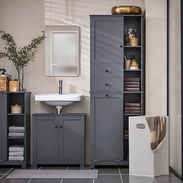 Meuble Colonne de Salle de Bain avec 6 étagères et 1 Panier à Linge , BZR104-DG, SoBuy