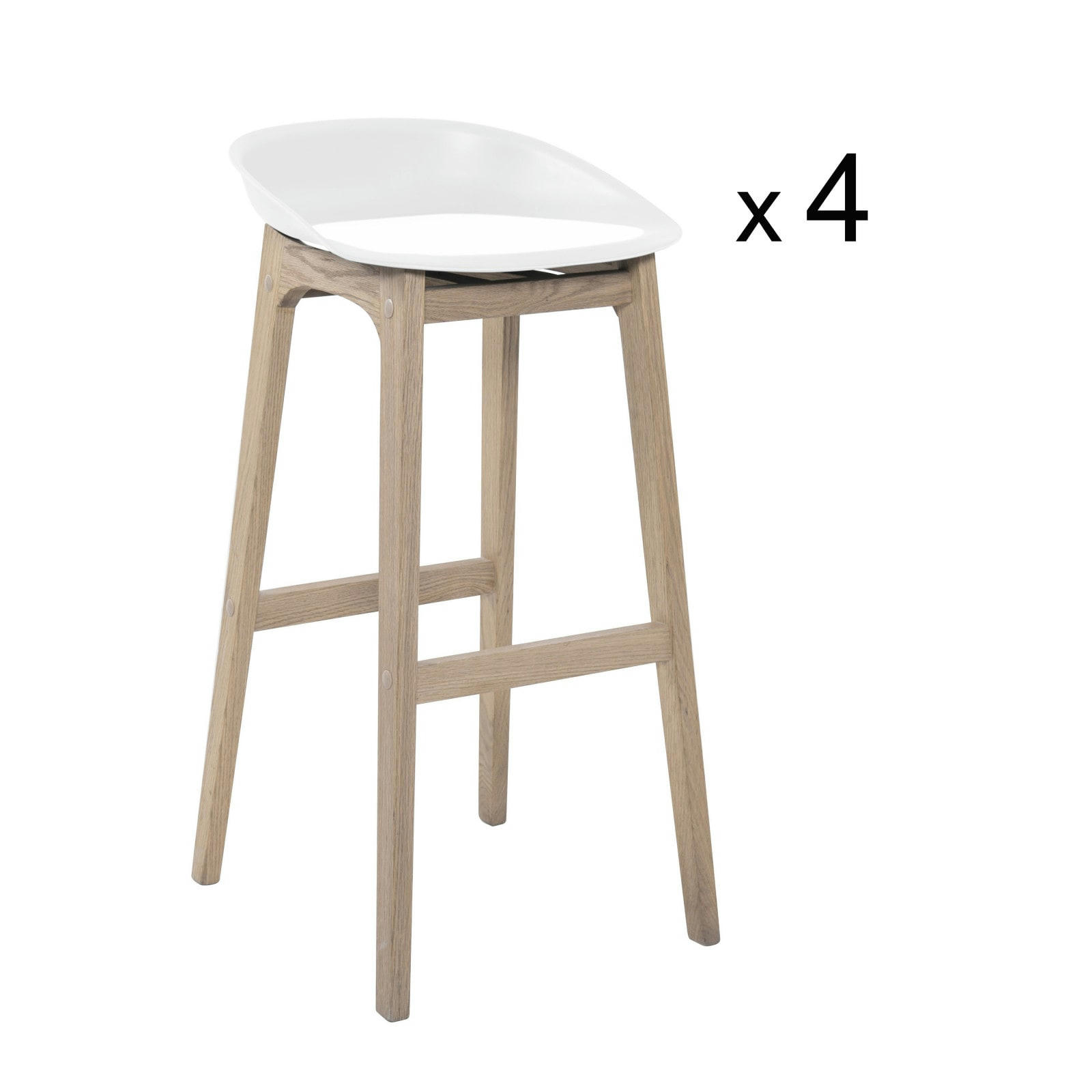 RIVA - Tabourets d'ilot 75cm  pieds chêne assise plastique blanche - Lot de 4
